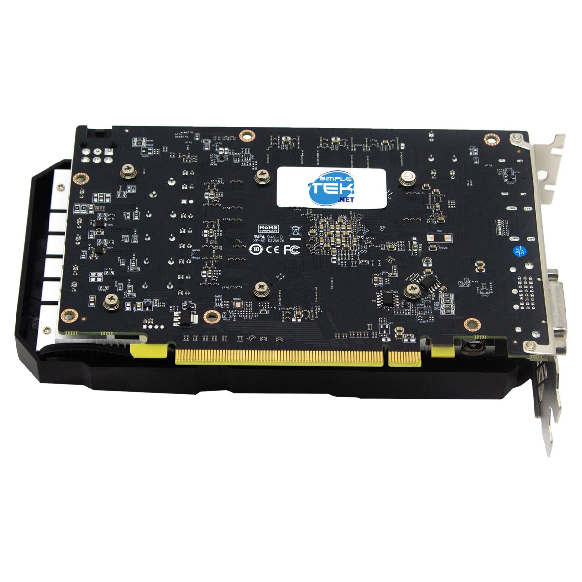 Tył czarnej karty graficznej ze złotymi złączami i różnymi komponentami elektronicznymi.