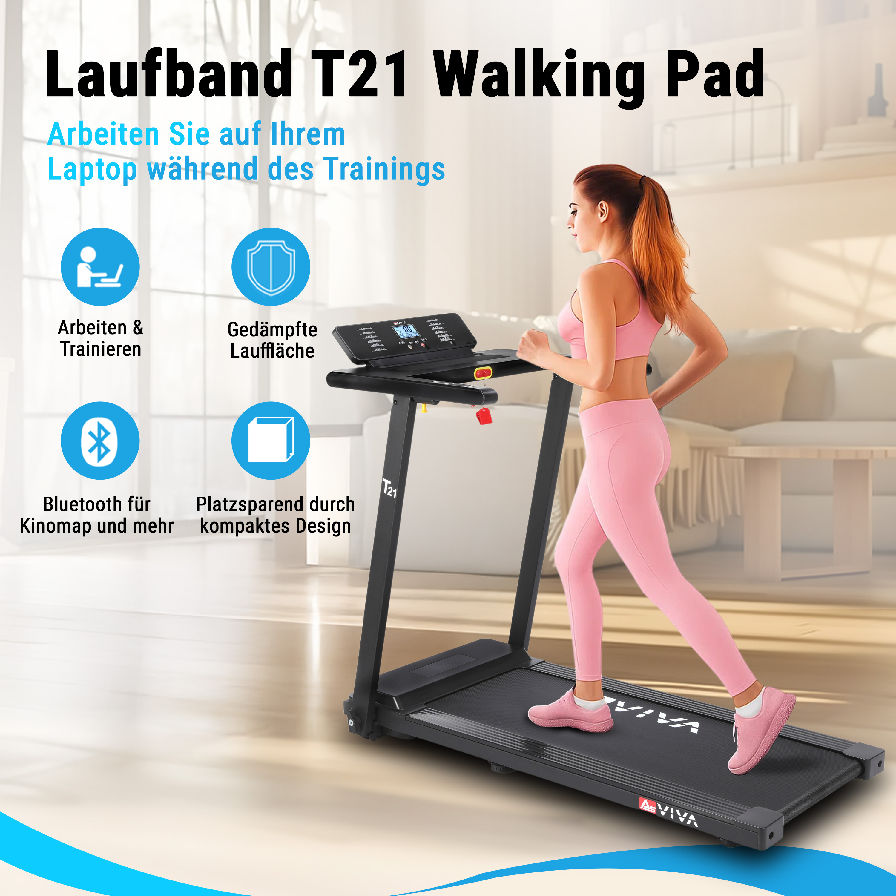 Frau trainiert auf Laufband mit "T21 Walking Pad"-Aufdruck. Links sind Icons.