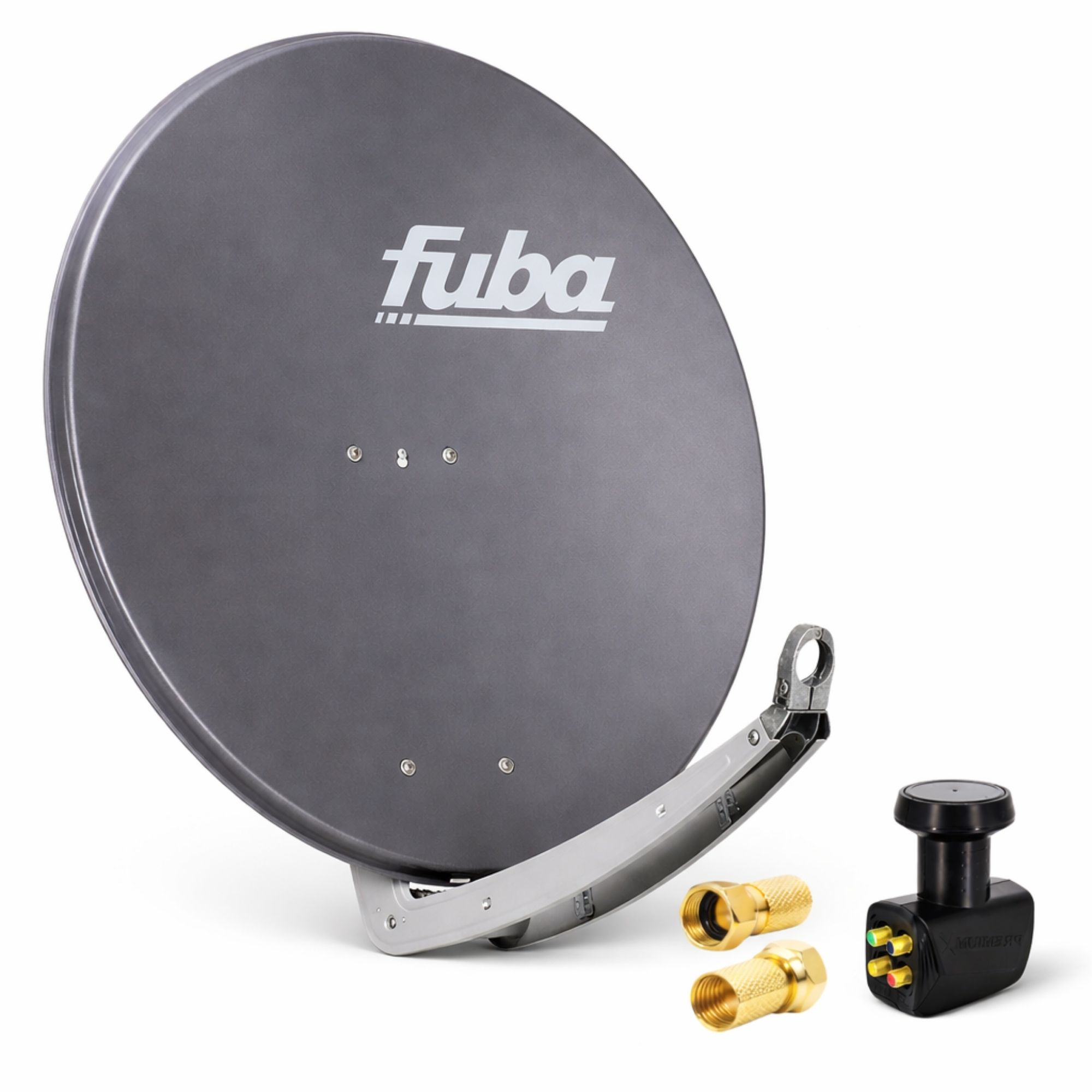 Grauer Satellitenteller mit "fuba"-Logo, Halterung und Anschlüssen.