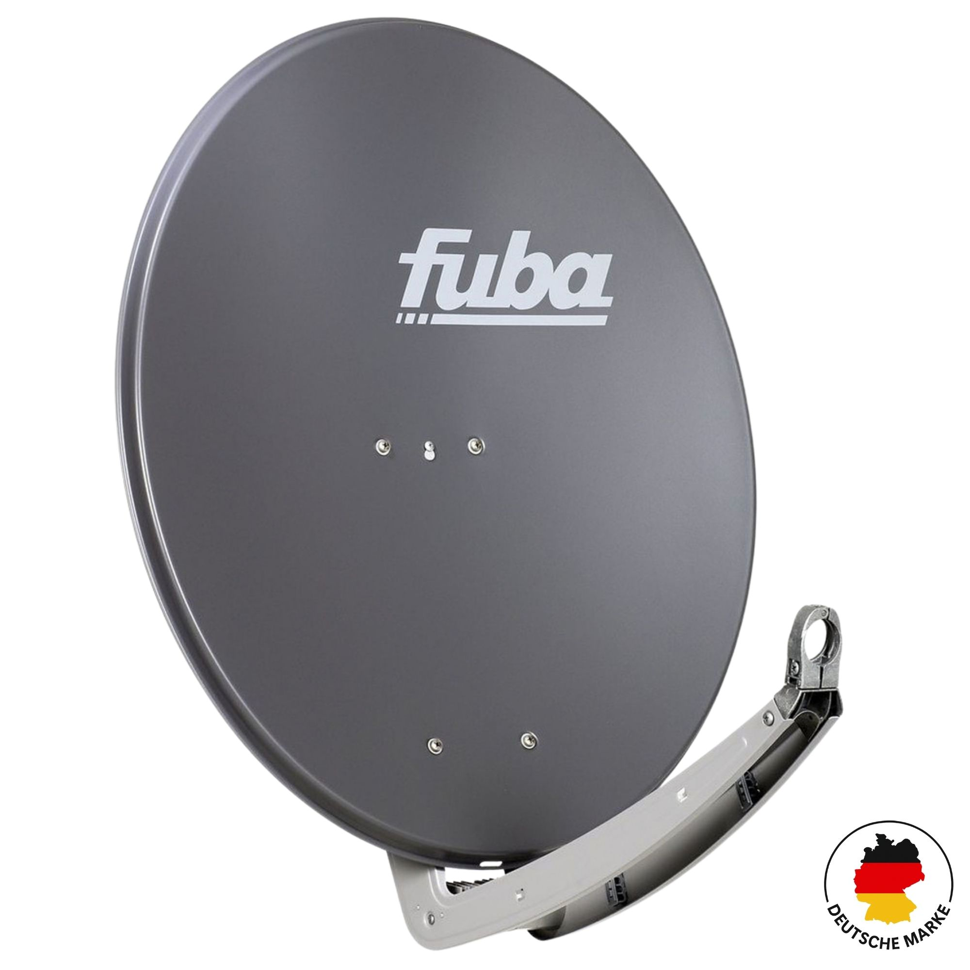 Graue Satellitenschüssel mit Fuba-Logo und deutscher Markenmarkierung.