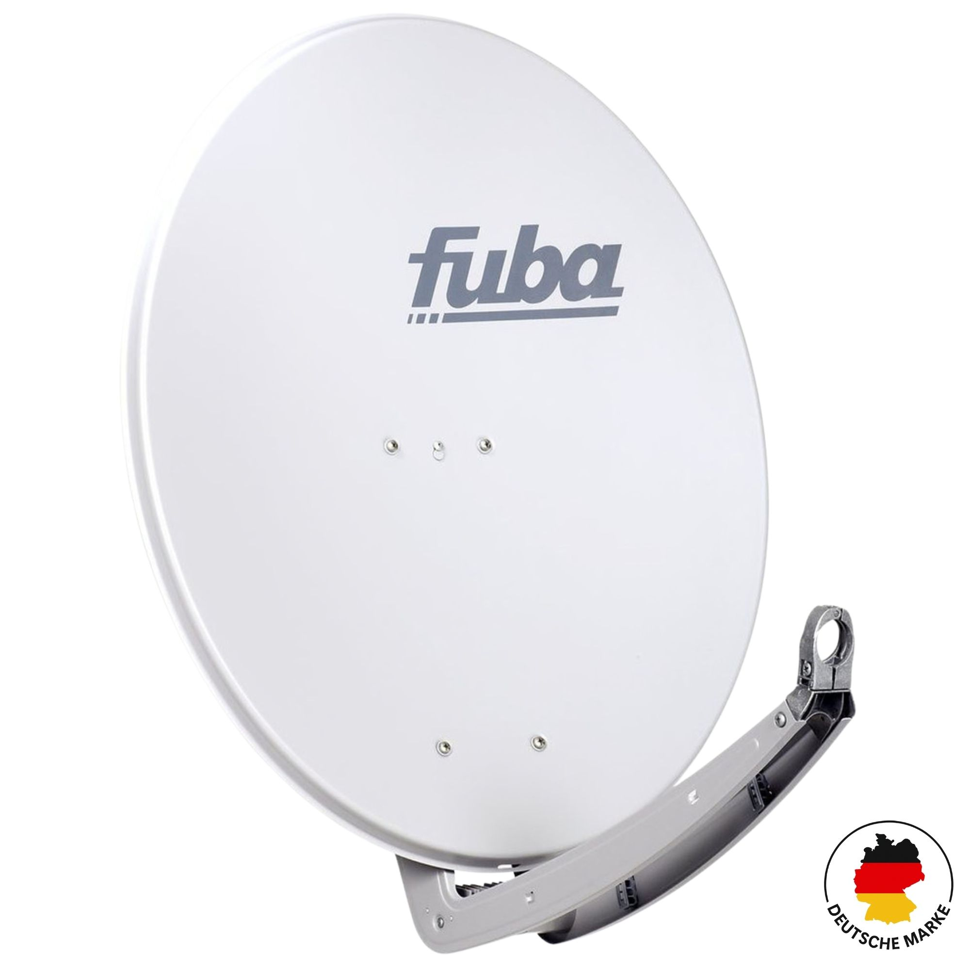 Eine weiße Satellitenschüssel mit „fuba“-Logo und deutscher Markenkennzeichnung.
