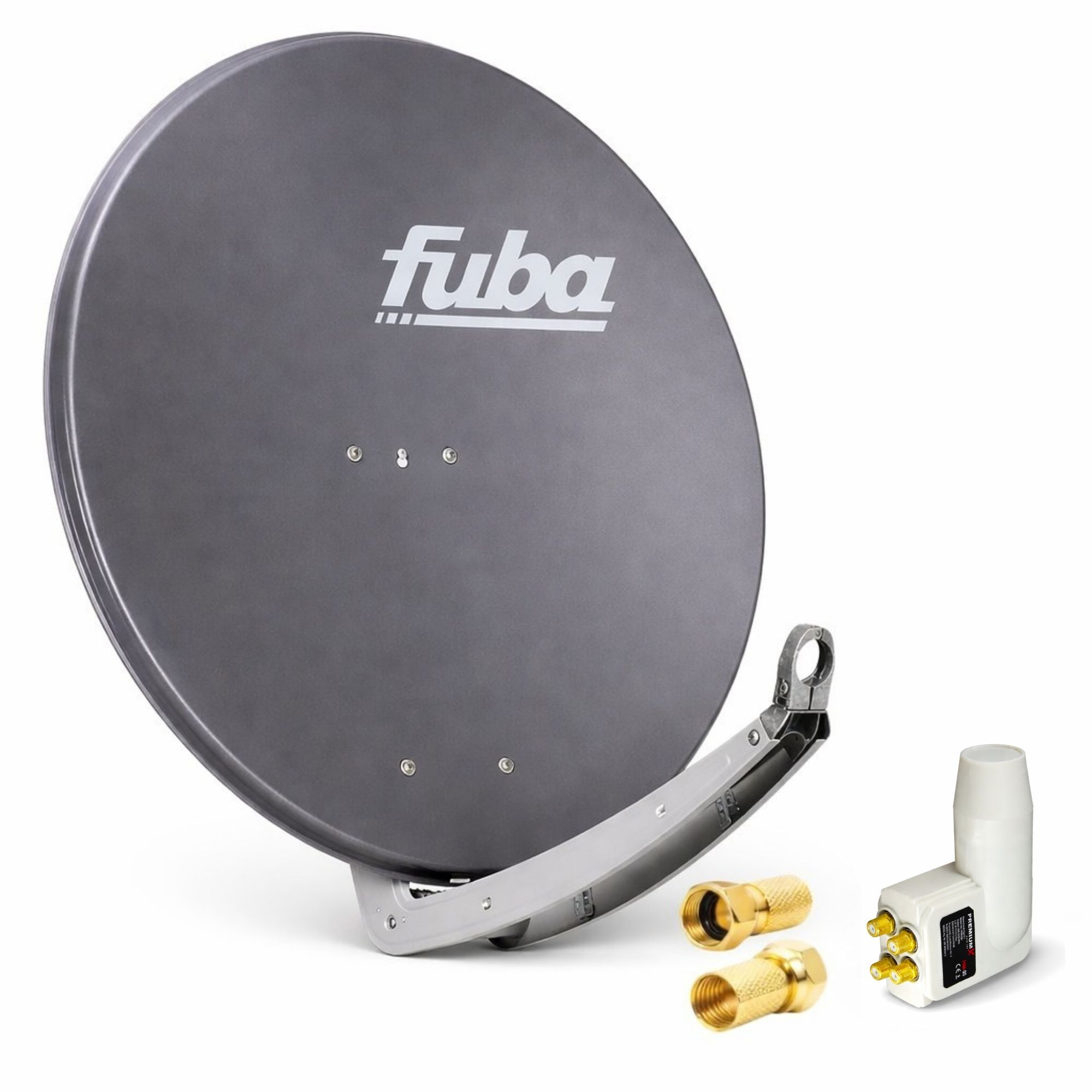 Eine graue Satellitenschüssel mit 'fuba'-Logo, LNB und zwei Steckverbindern.