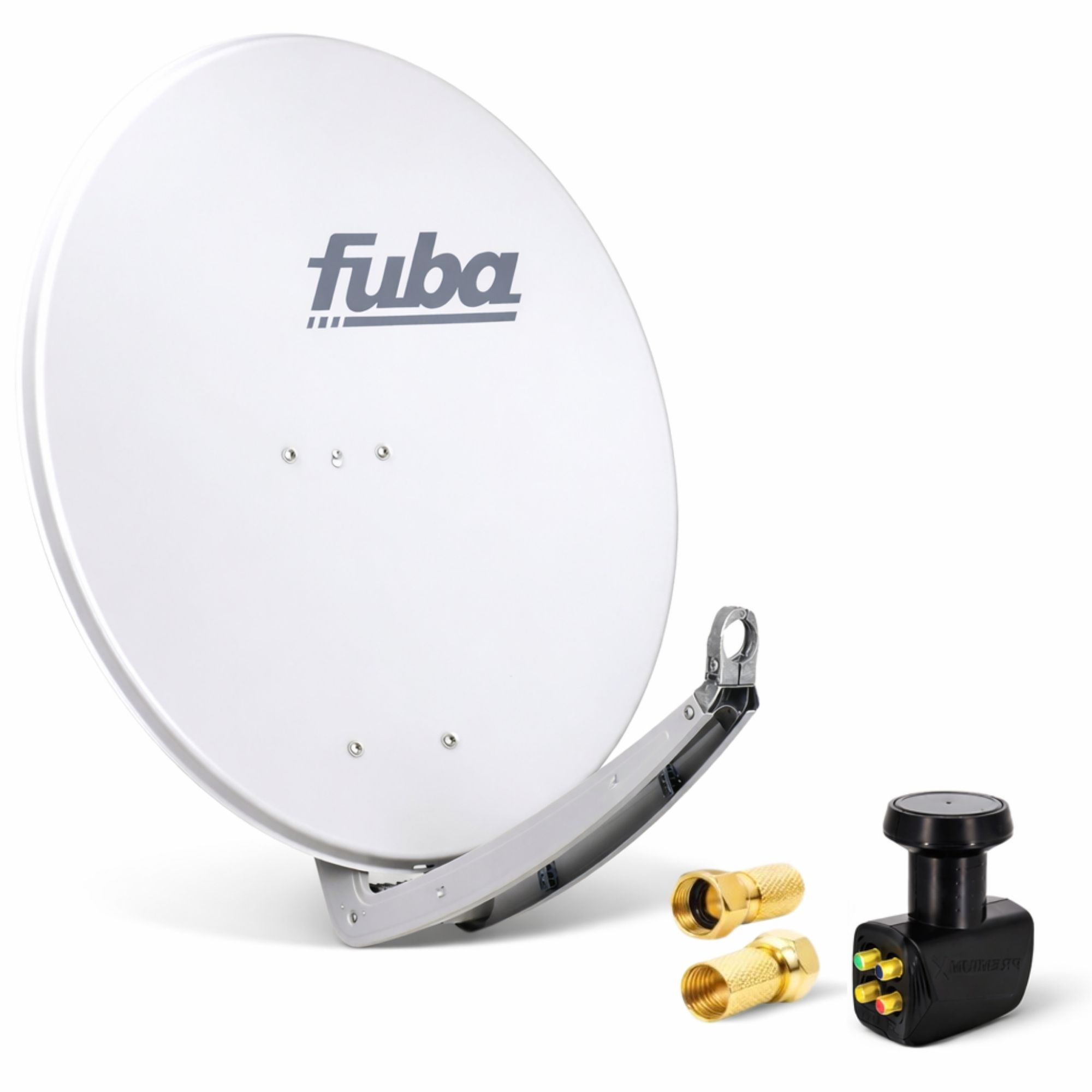 Weiße Satellitenschüssel mit Fuba-Logo und Zubehör.