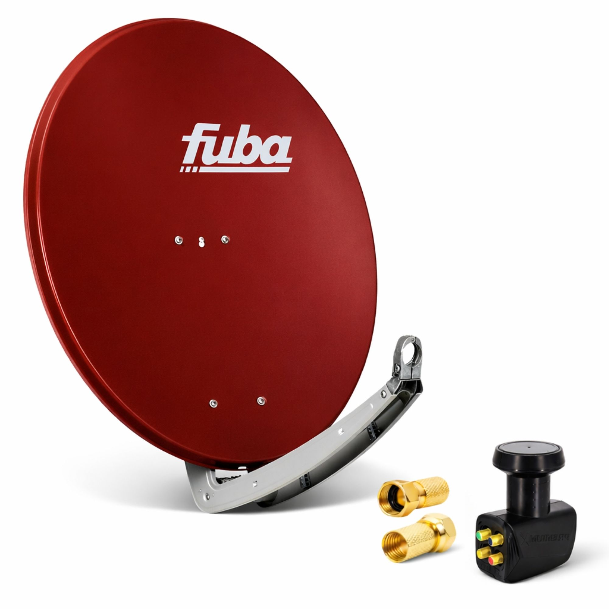 Eine rote Satellitenschüssel mit Fuba-Logo, zwei goldene Stecker und ein schwarzer Konverter.