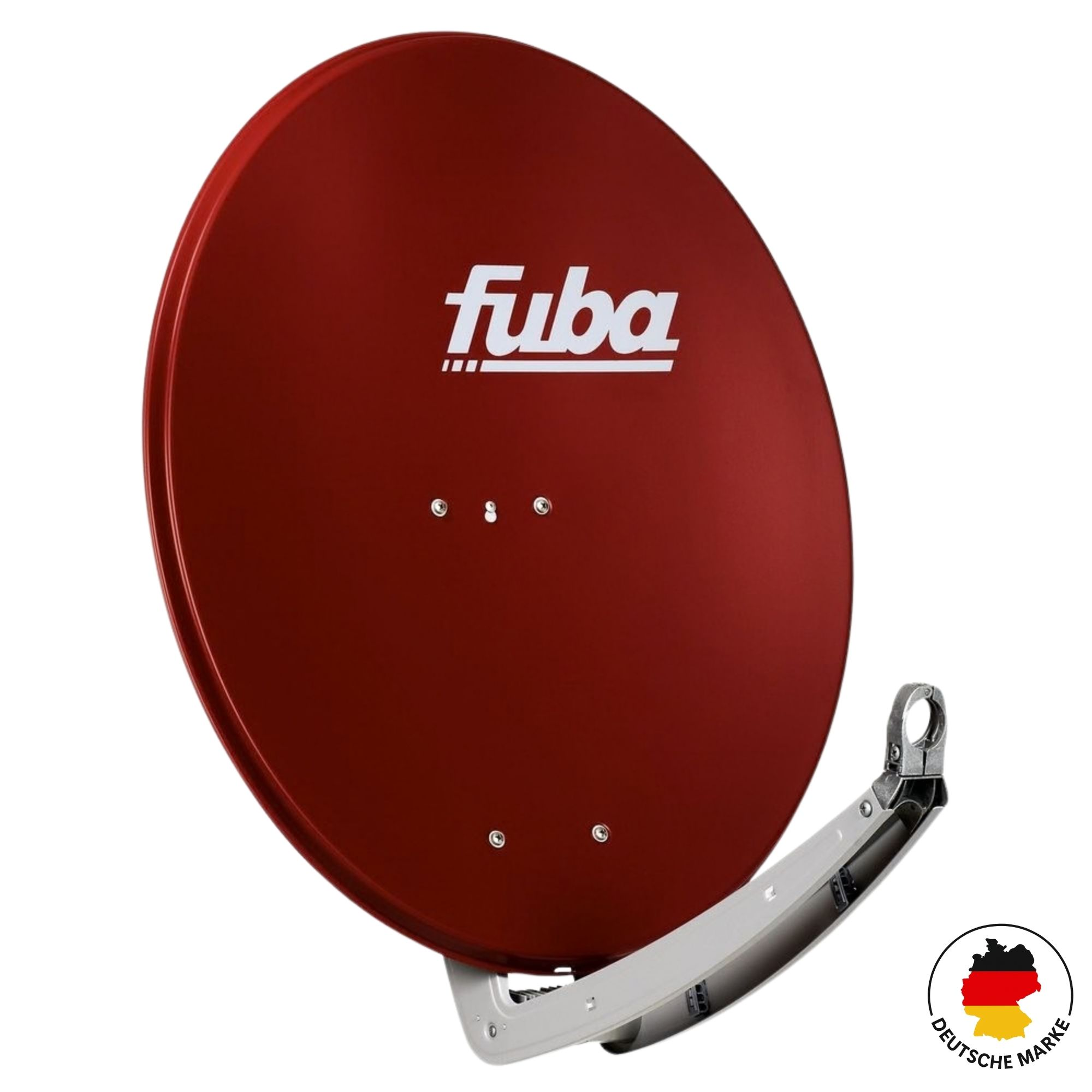 Eine rote Fuba Satellitenschüssel mit silberner Halterung und deutscher Markenflagge.