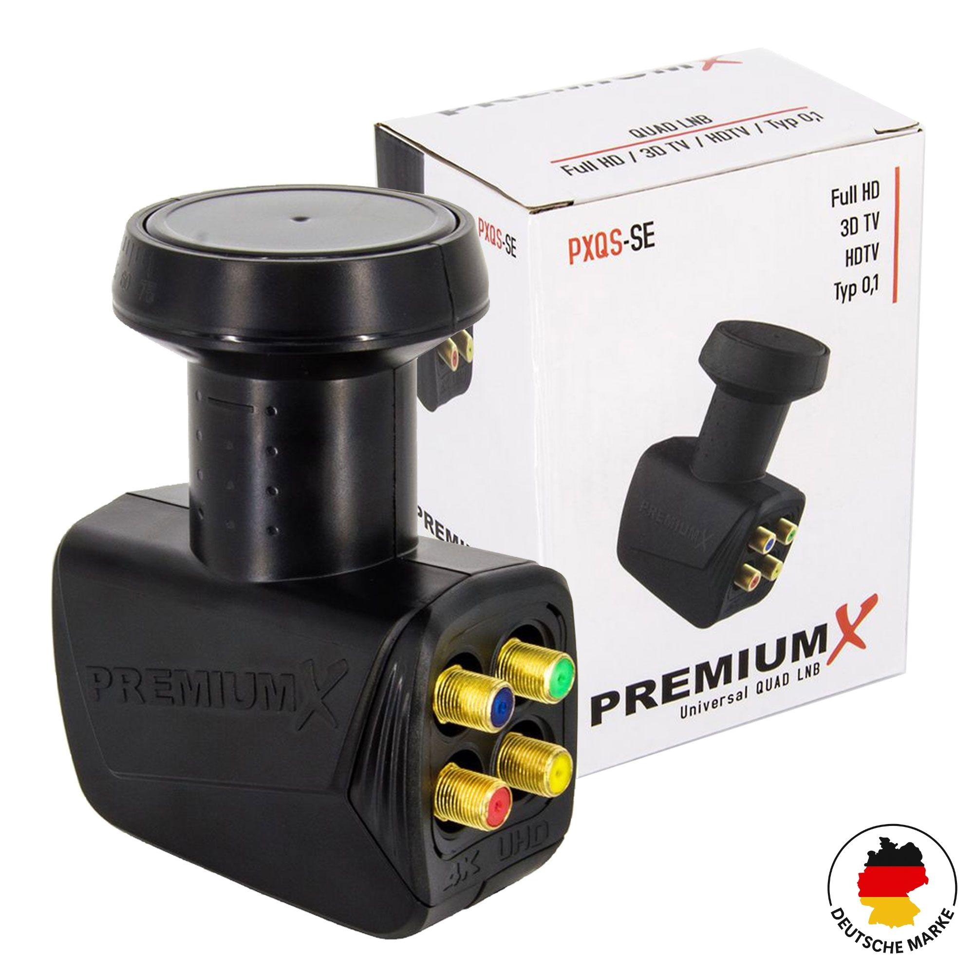 Schwarzer Quad LNB mit vier F-Anschlüssen und Verpackung. "PREMIUMX" Logo.