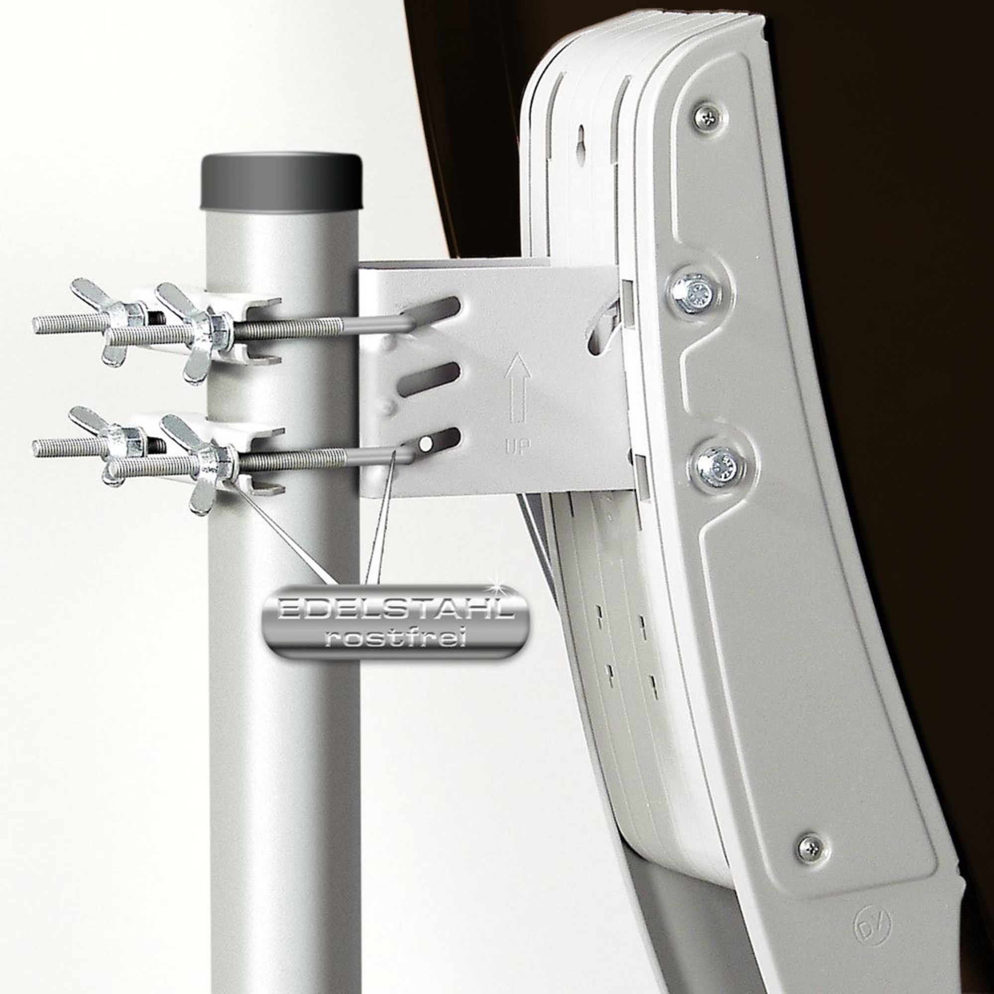 Metallständer mit Satellitenschüsselhalterung und Flügelschrauben.