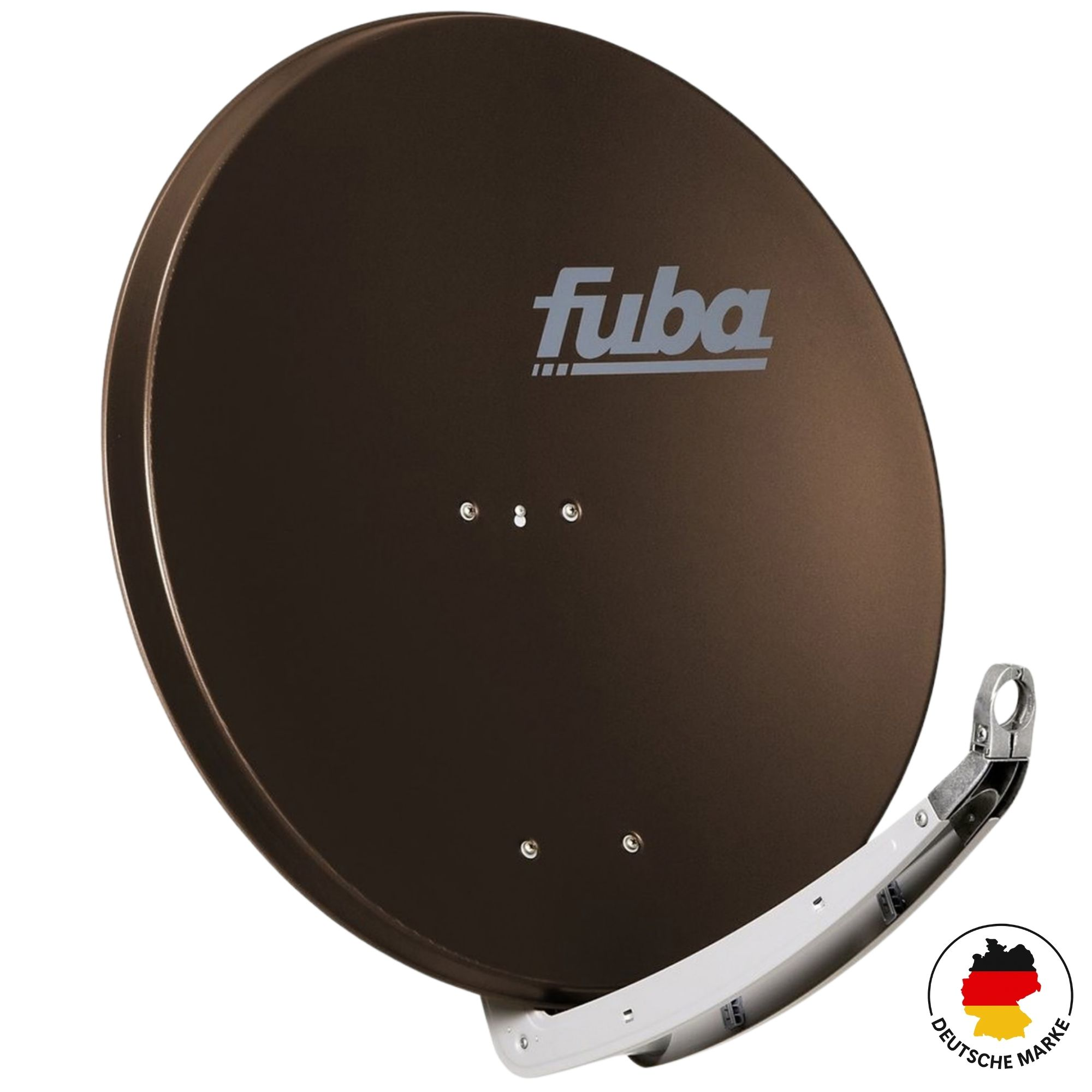 Braune Satellitenschüssel mit Fuba-Logo und deutscher Markenmarkierung.