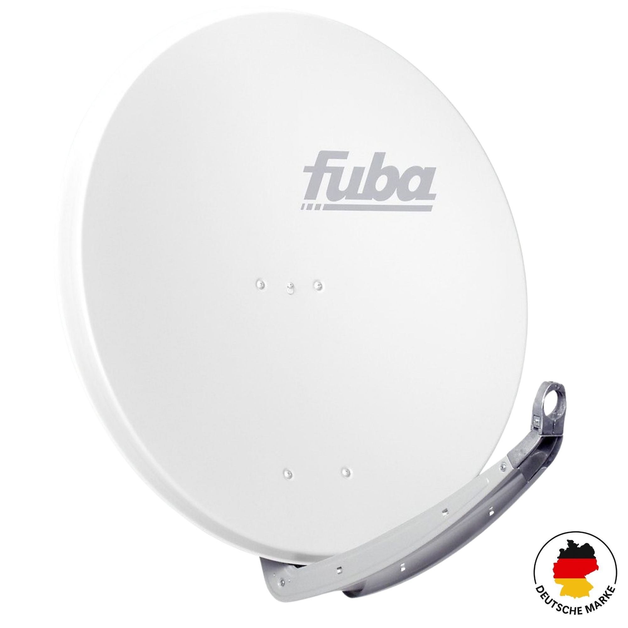 Weiße Satellitenschüssel mit Fuba-Logo und deutscher Markenkennzeichnung.