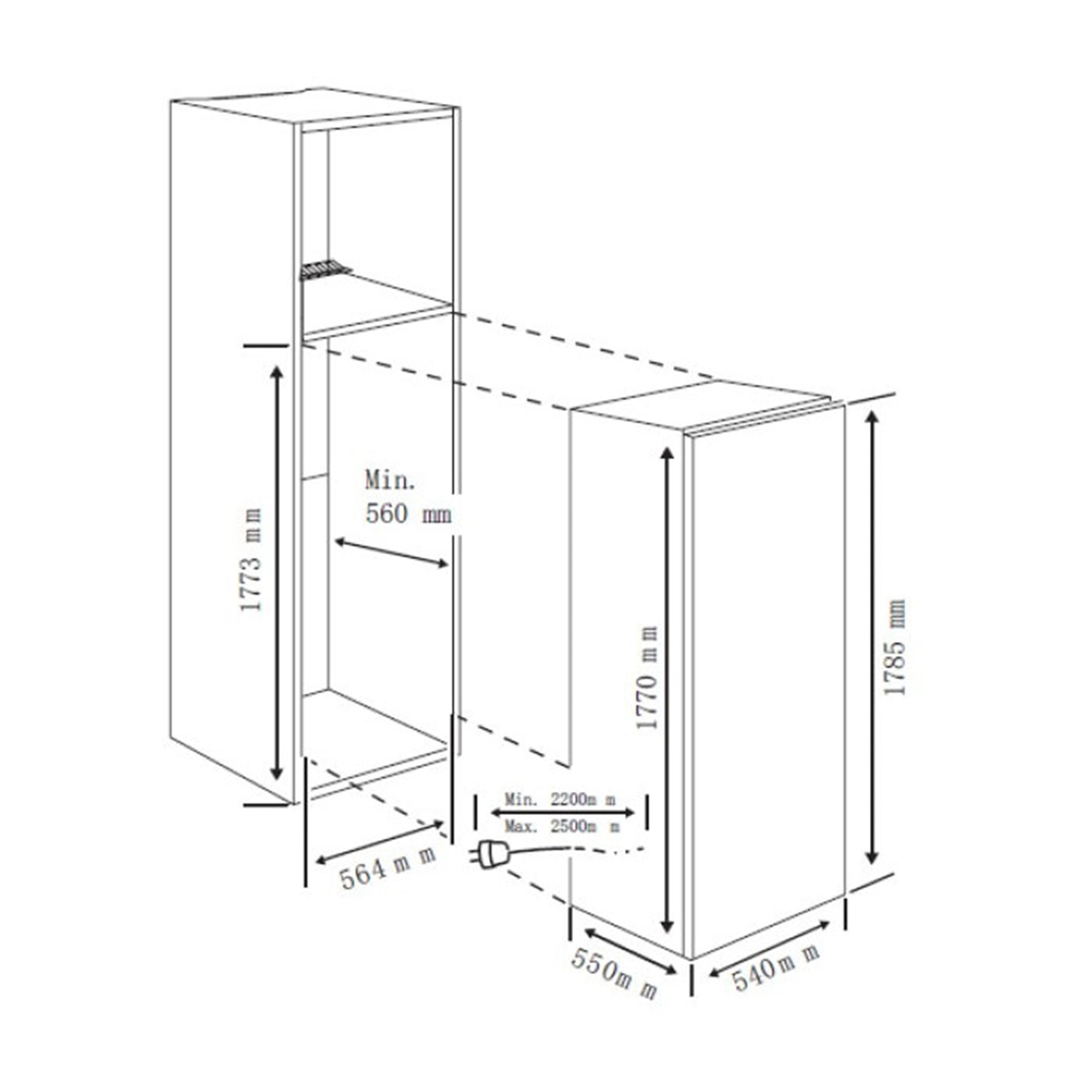 Dessin technique d'une armoire avec dimensions. Armoire haute à gauche, plus basse à droite.