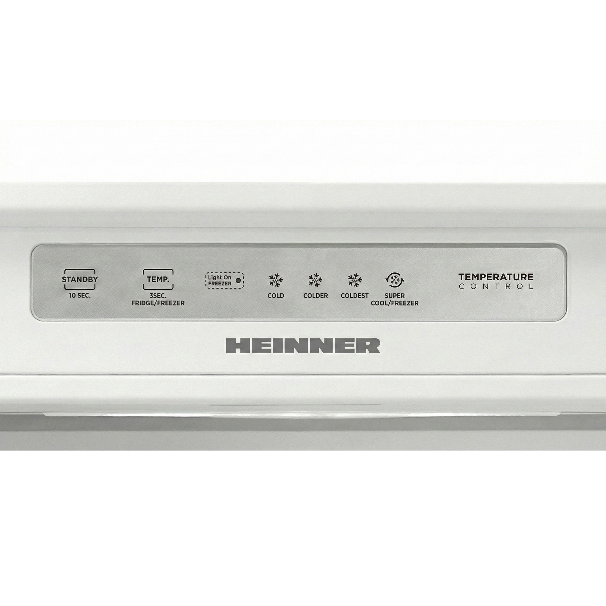 Panneau de commande d'un réfrigérateur blanc HEINNER avec réglages de température.