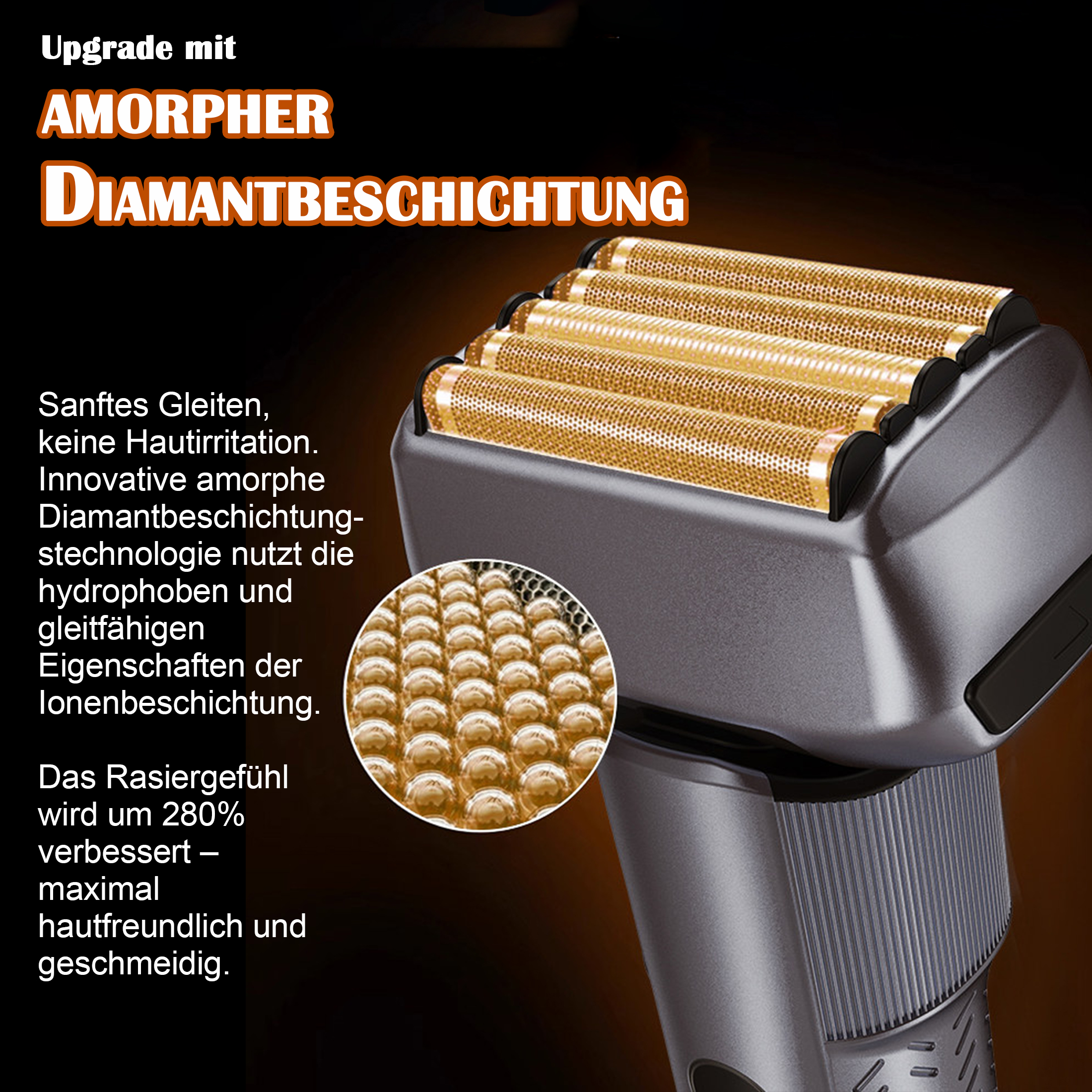 Ein moderner Rasierer mit goldenen Scherköpfen und Text. Detailaufnahme der Scherköpfe.
