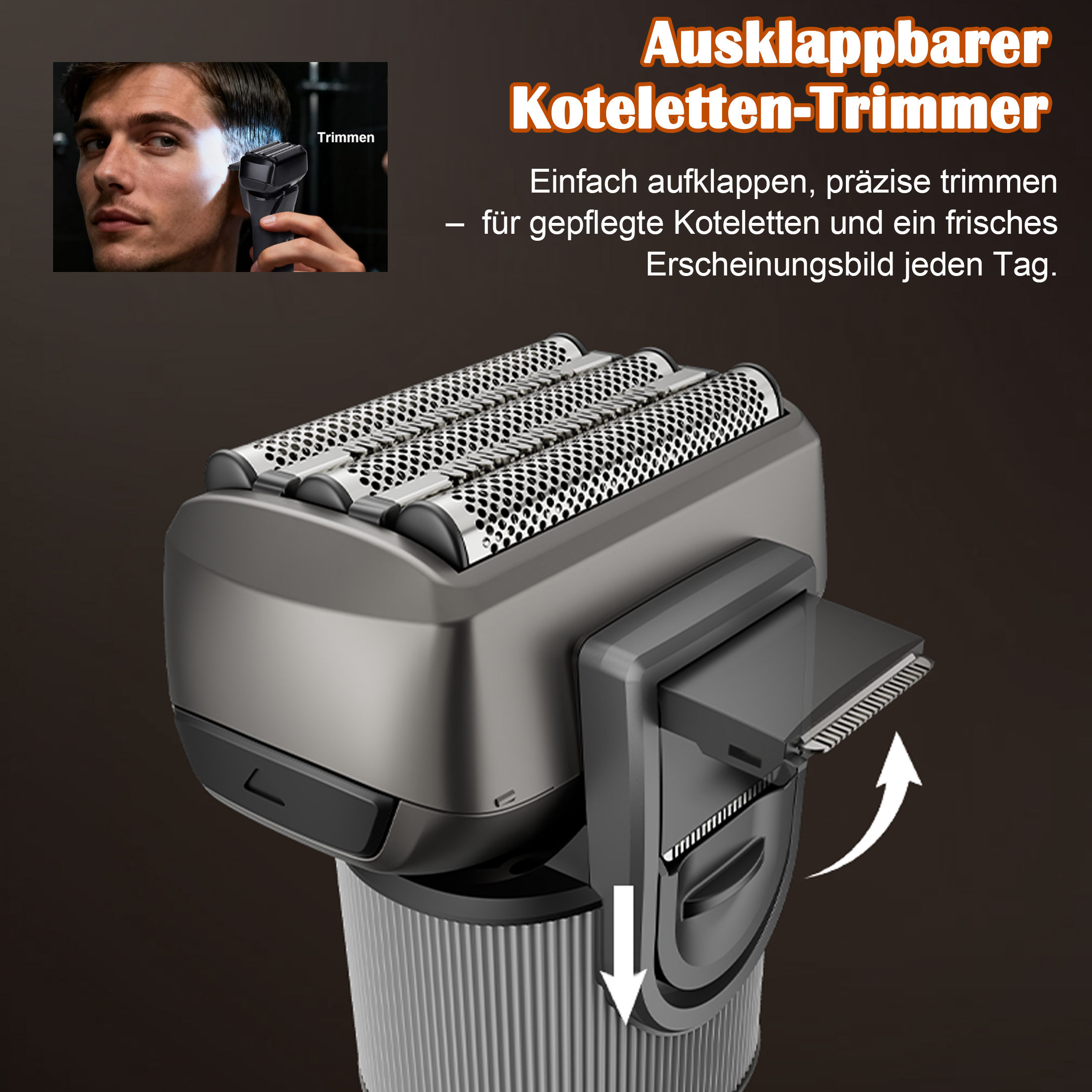 Ein ausklappbarer Koteletten-Trimmer mit drei Scherköpfen.