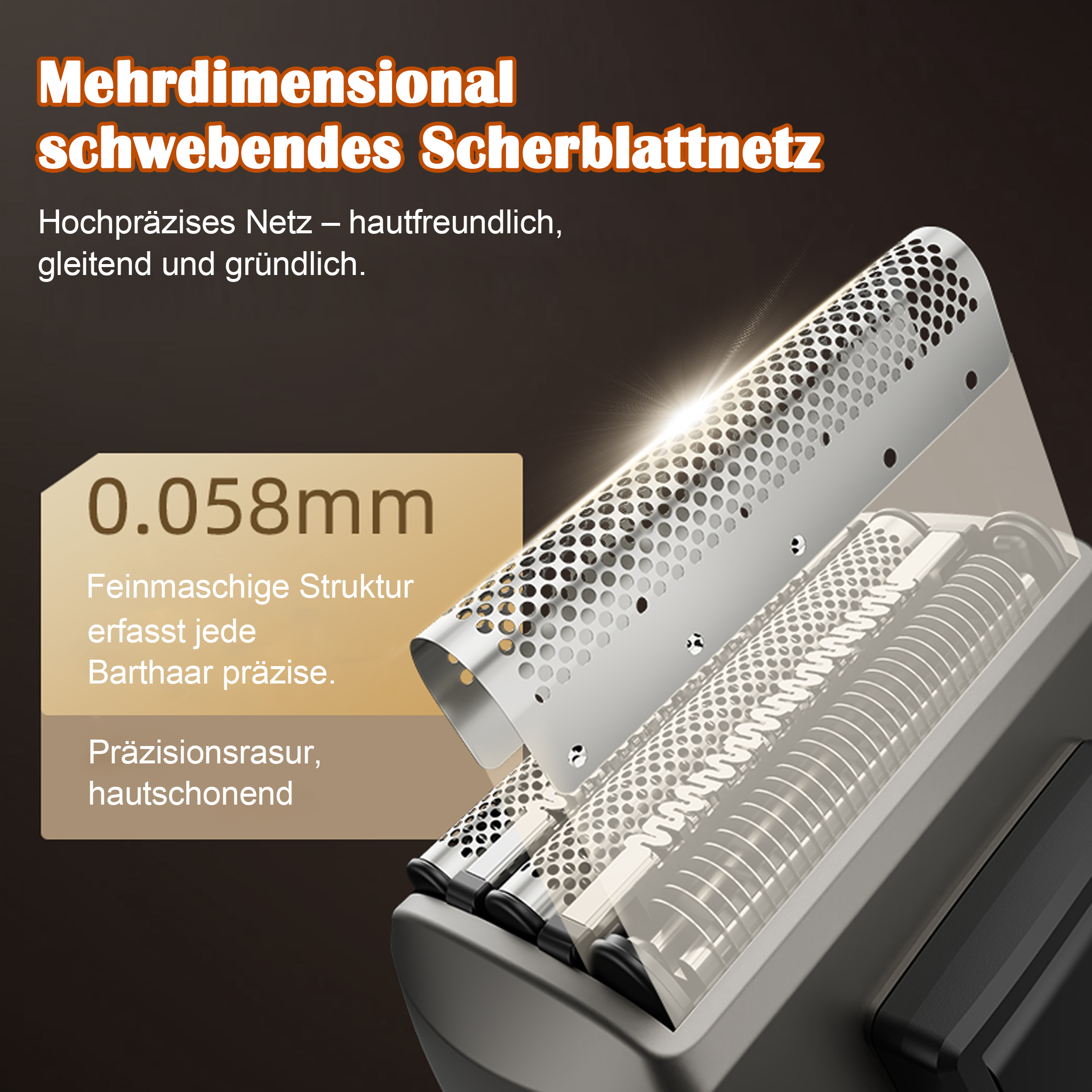 Nahaufnahme eines schwebenden Scherblatts mit feiner Netzstruktur und 0,058 mm Dicke.