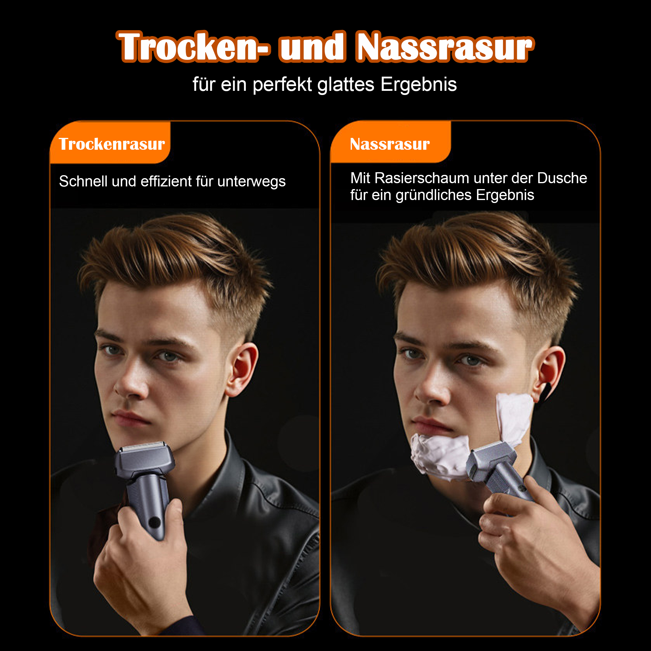 Ein Mann rasiert sich trocken und nass mit einem Elektrorasierer.