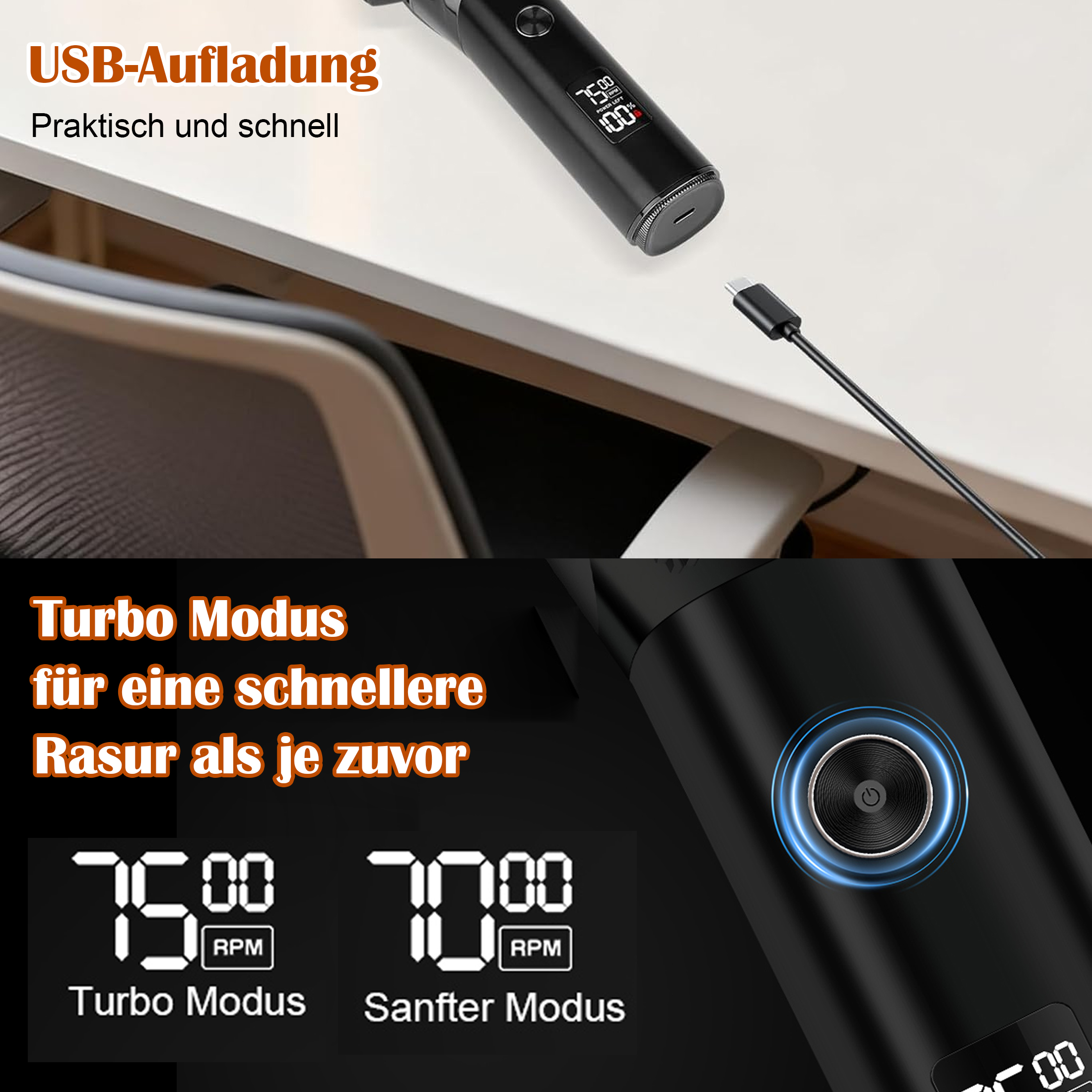 Ein schwarzer Rasierer mit digitaler Anzeige, der aufgeladen wird. Zeigt Turbo- und Sanft-Modus.