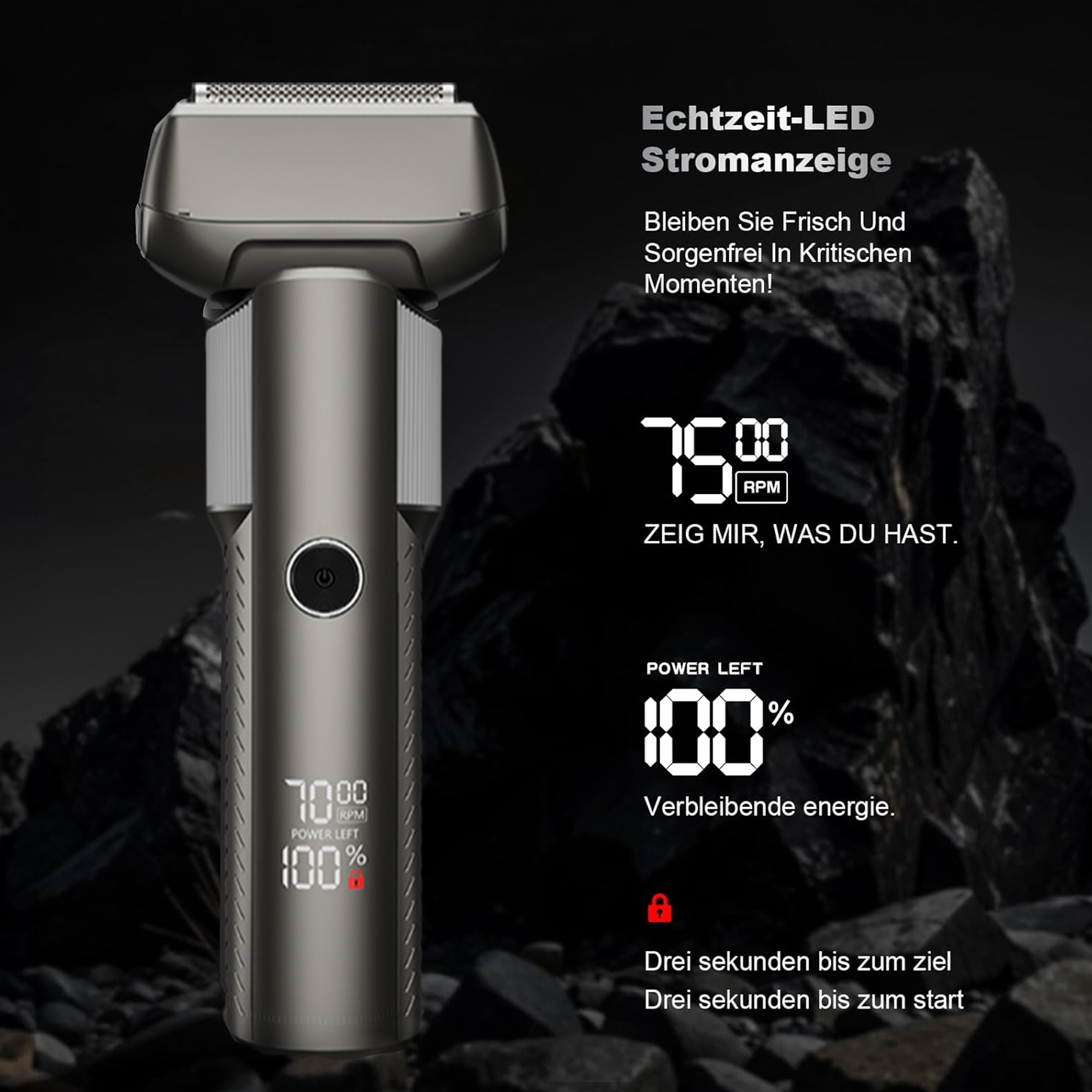 Grauer Elektrorasierer mit LED-Anzeige für 7500 RPM und 100% Akku.