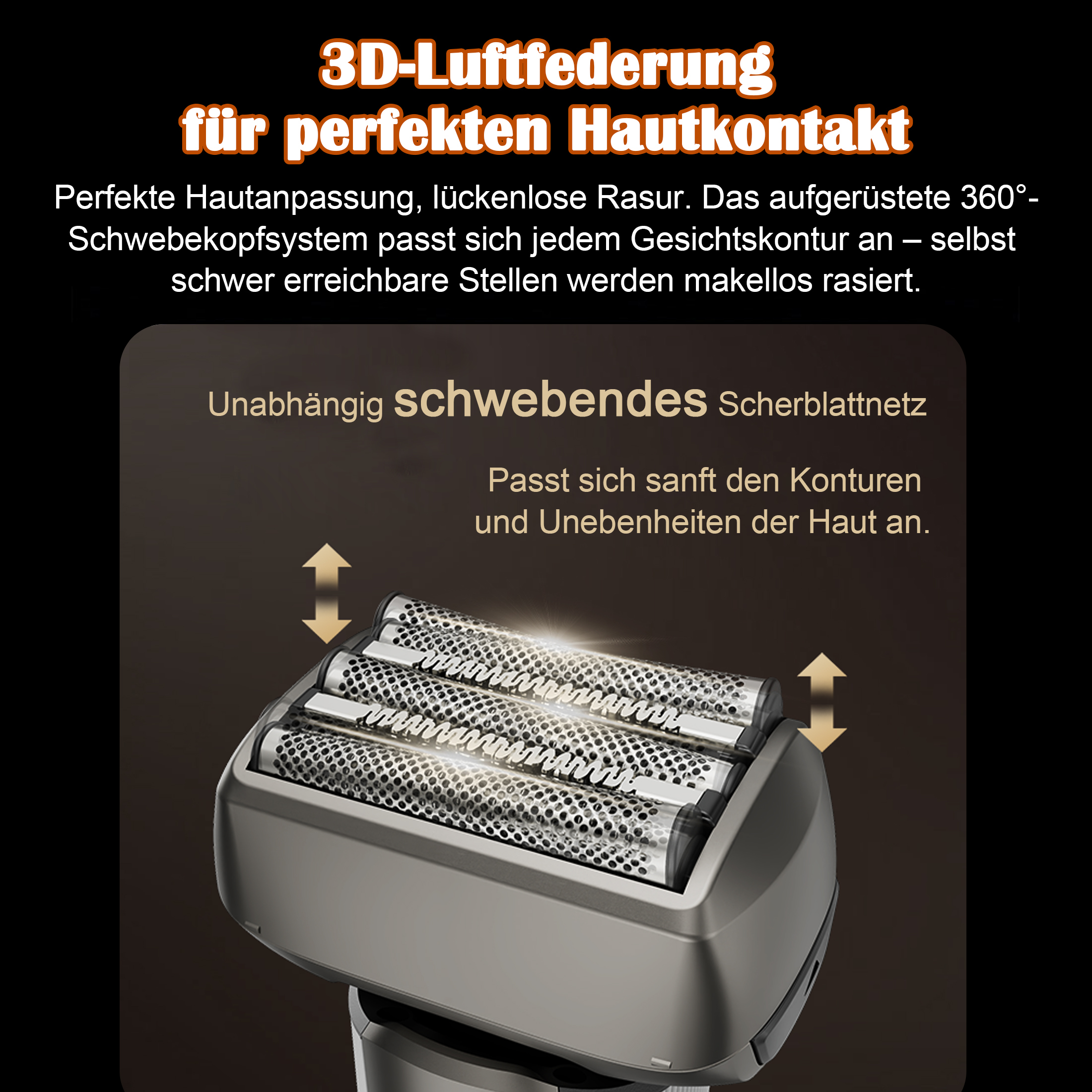 Ein schwebender Rasierkopf mit drei kreisförmigen Scherköpfen.