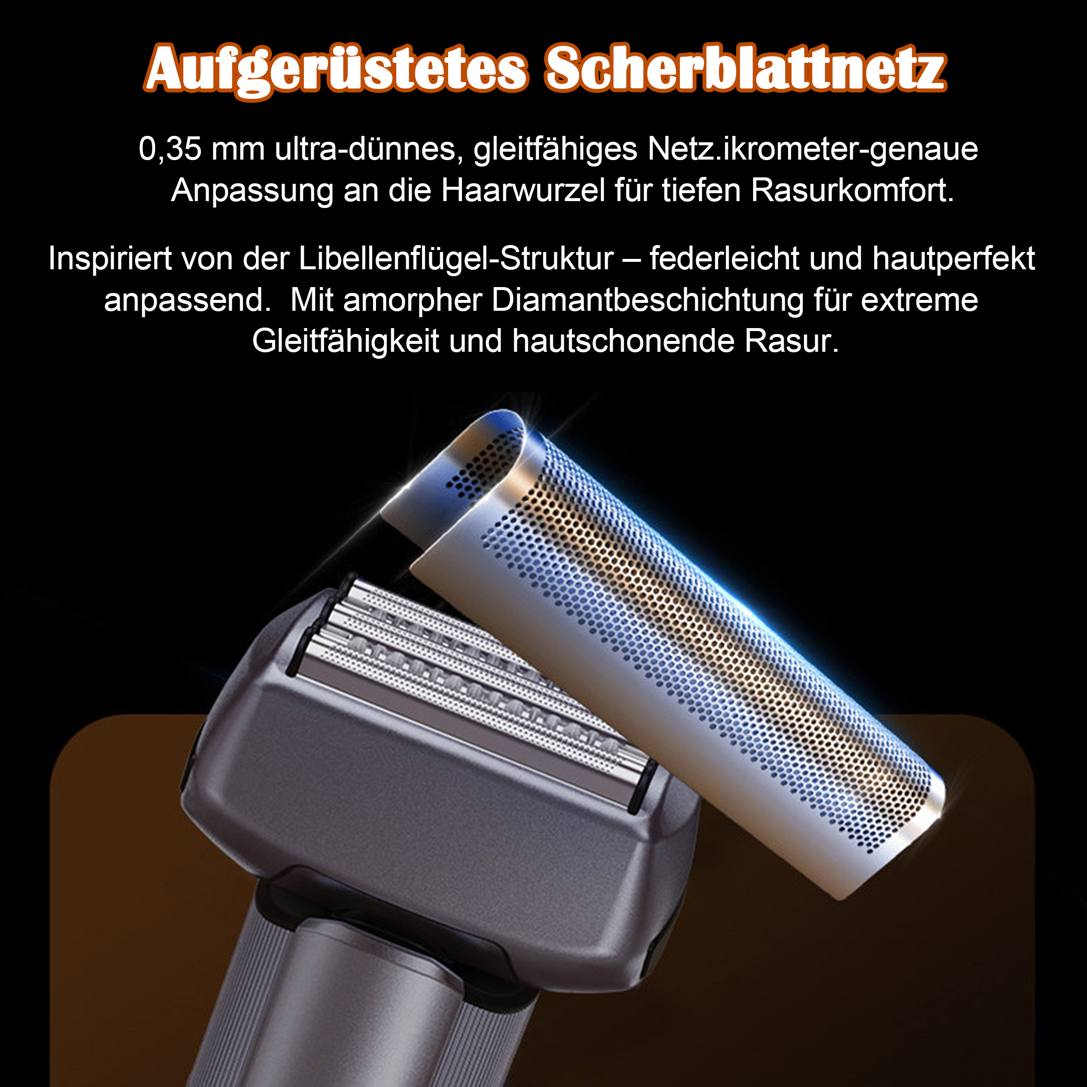Ein silberner Rasierer mit einem dünnen, perforierten Scherkopf aus Metall.