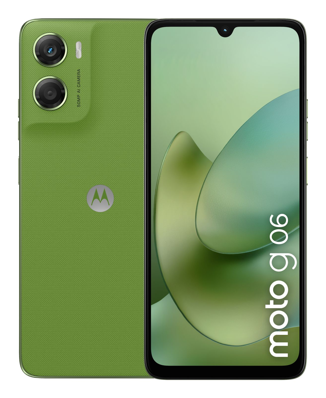 Zielony smartfon Motorola Moto G06 z podwójnym aparatem i logo.