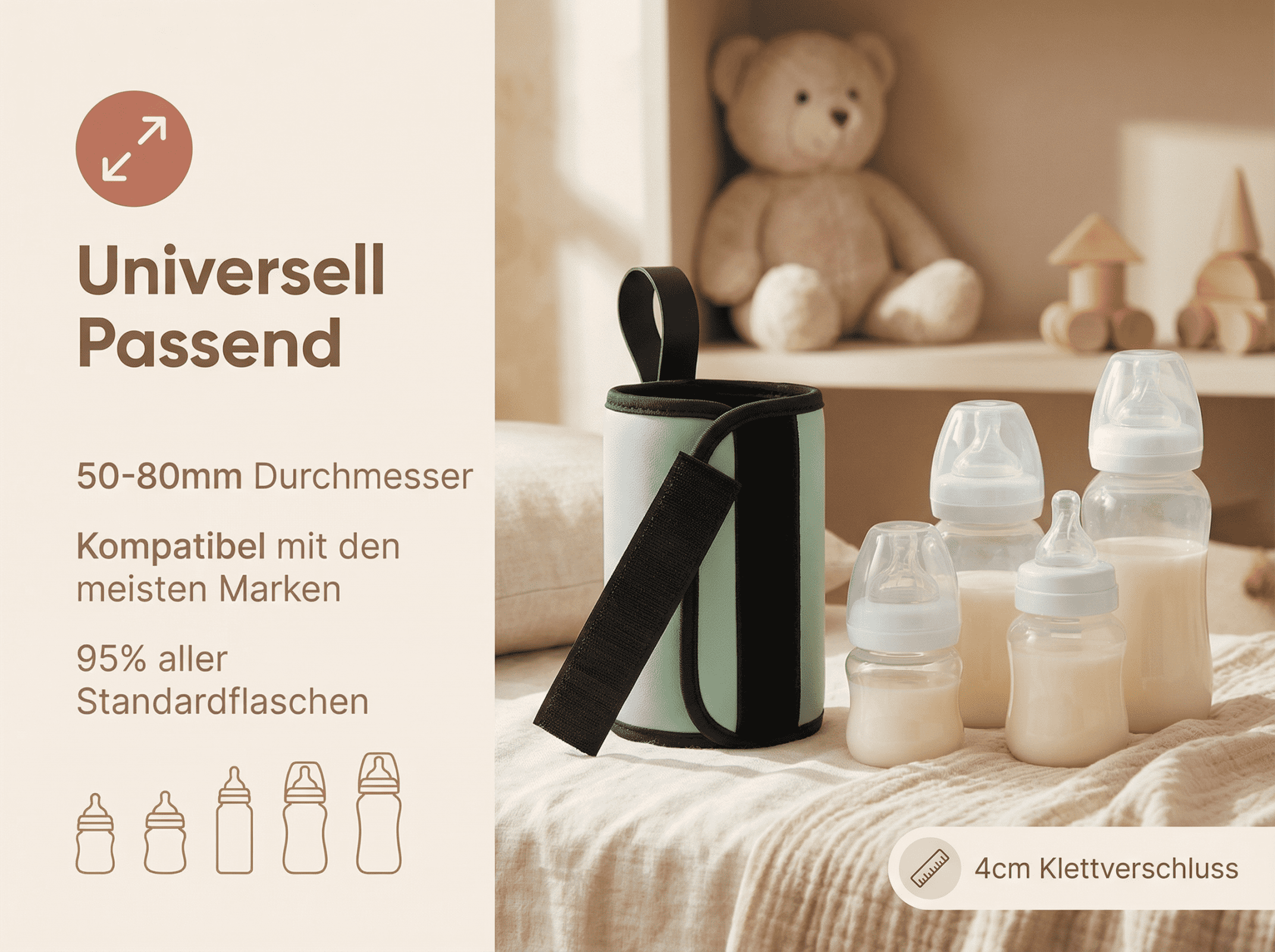 Ein Flaschenwärmer mit 4cm Klettverschluss und drei gefüllten Babyflaschen.