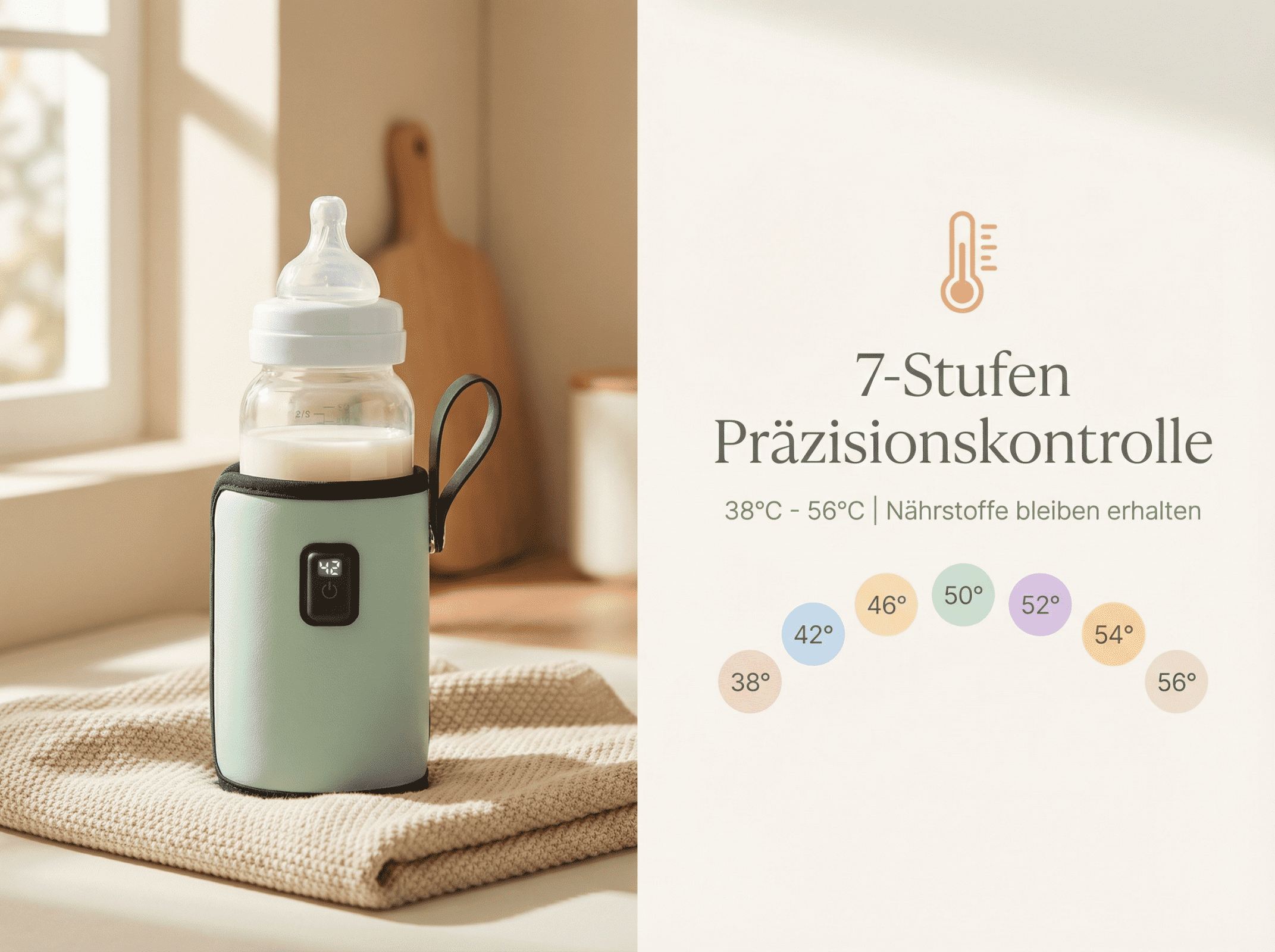 Ein Babyflaschenwärmer mit digitaler Anzeige und Temperaturregelung.