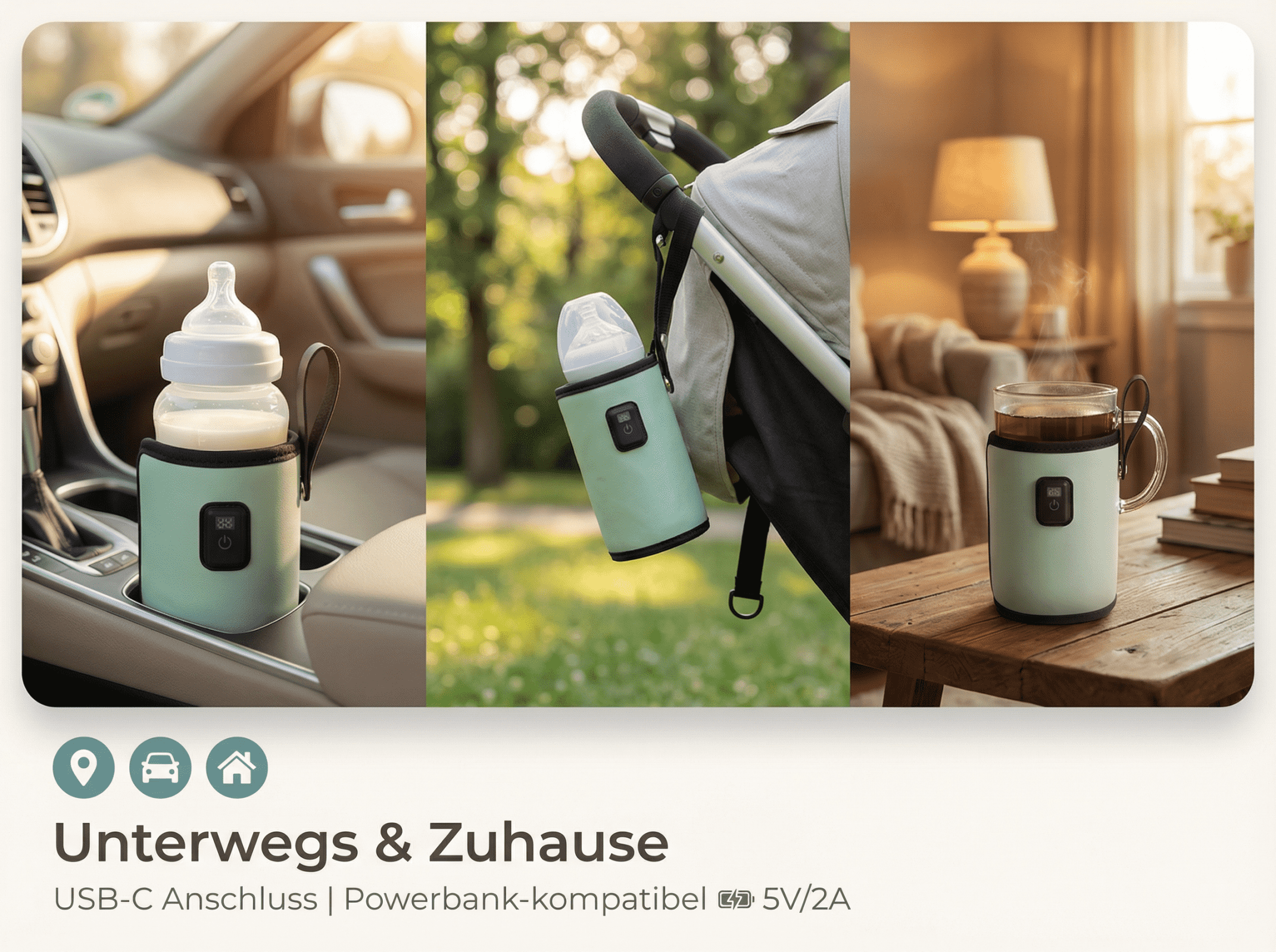 Ein Flaschenwärmer für unterwegs und zu Hause: im Auto, Kinderwagen, drinnen.