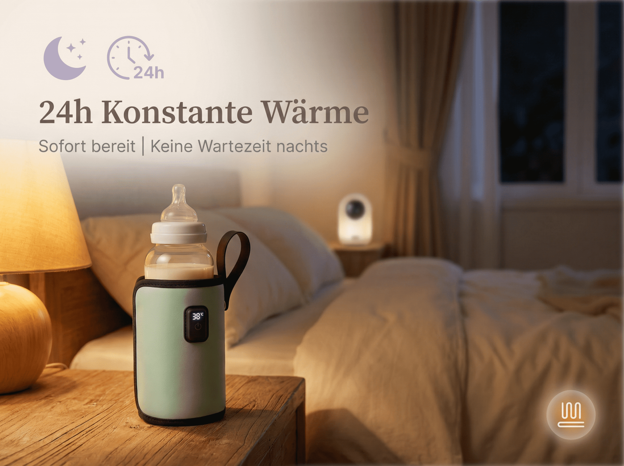Babyflasche in einem Halter auf Nachttisch neben Bett bei Nacht.