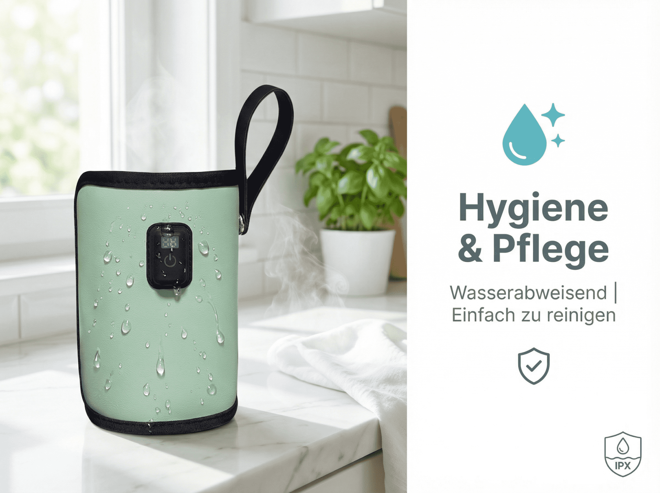 Ein mintgrüner Beutel mit schwarzem Henkel und Bedienfeld, bedeckt mit Wassertropfen.