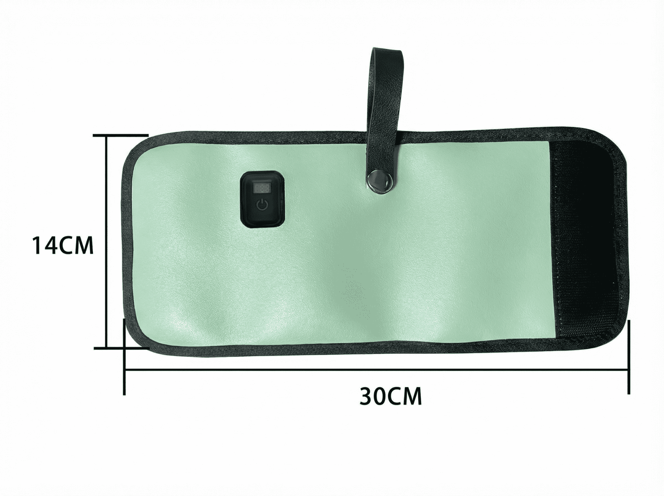 Hellgrüne Tasche mit schwarzem Rand, 30x14cm, mit einem Knopf und Henkel.