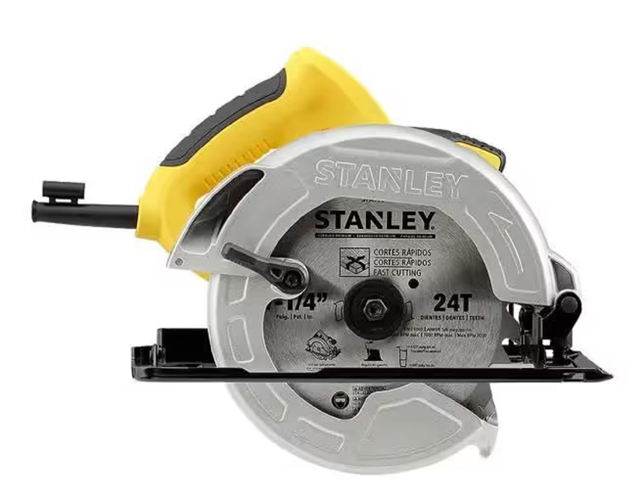 Sarı saplı ve siyah tetikli gümüş Stanley dairesel testere.