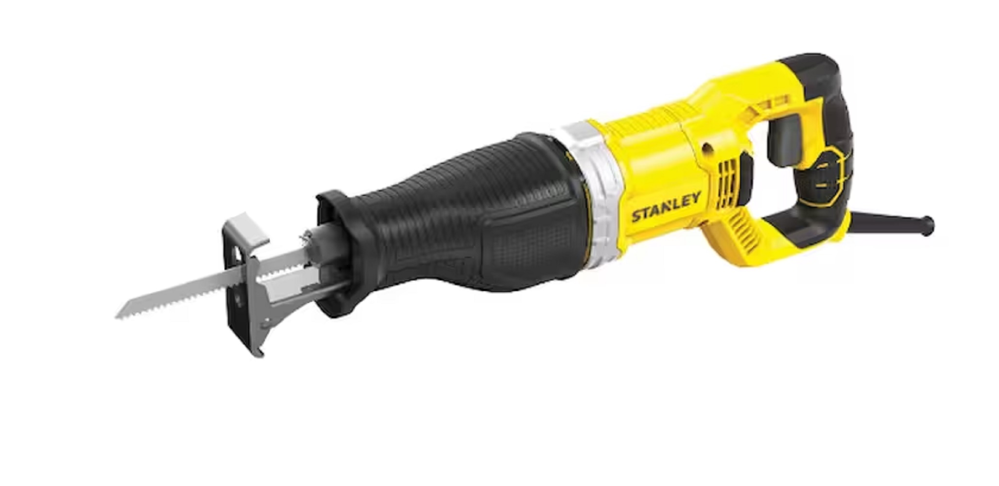 Siyah saplı ve bıçaklı sarı bir Stanley sabre testere.