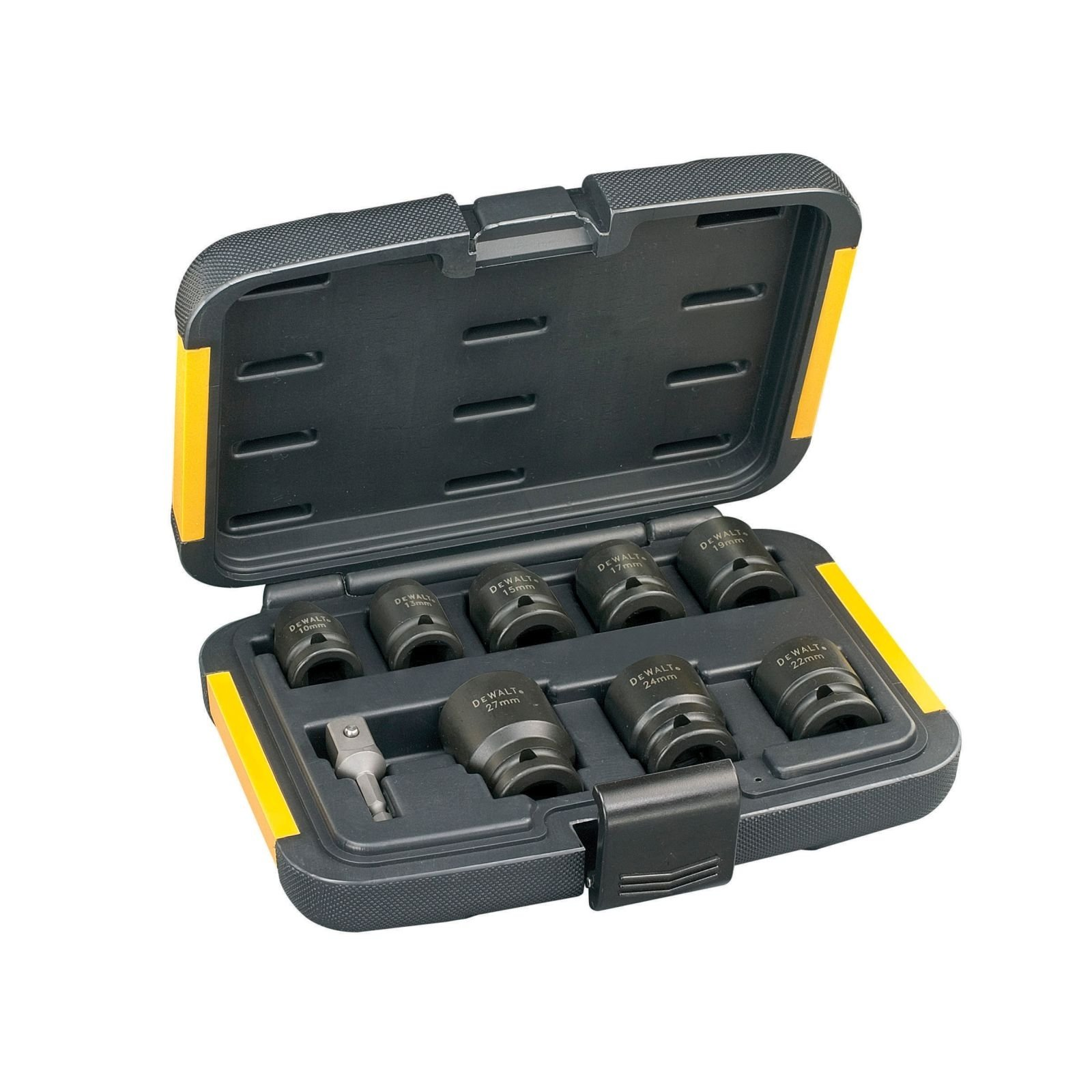 Sarı vurgulu açık siyah alet kutusu, lokma anahtarlar içerir.