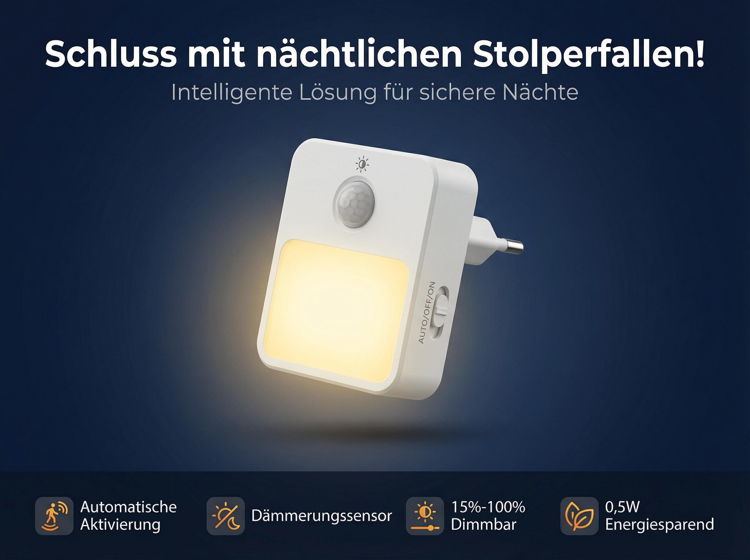 Ein weißes Nachtlicht mit Bewegungsmelder leuchtet gelb.