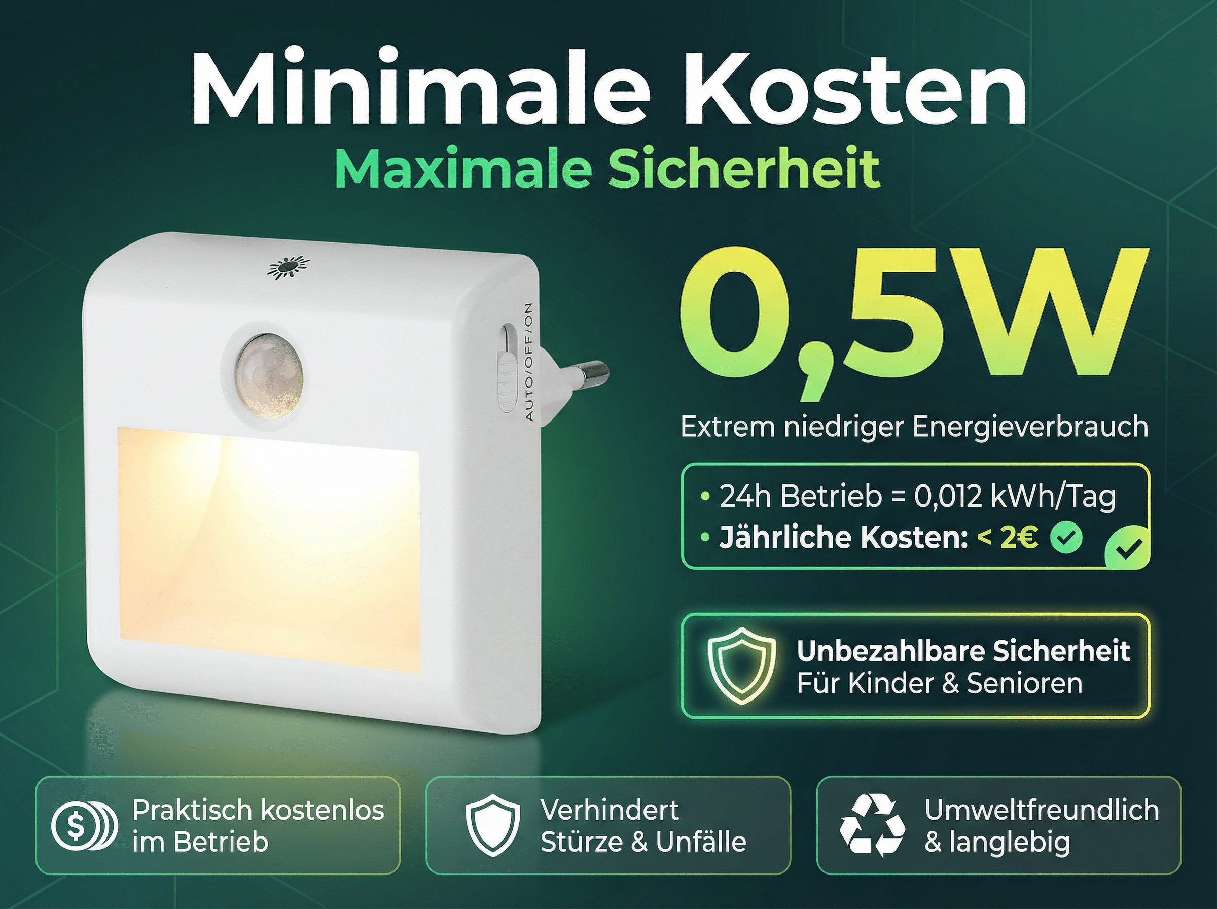 Ein weißes Nachtlicht mit Bewegungsmelder, das 0,5W verbraucht.