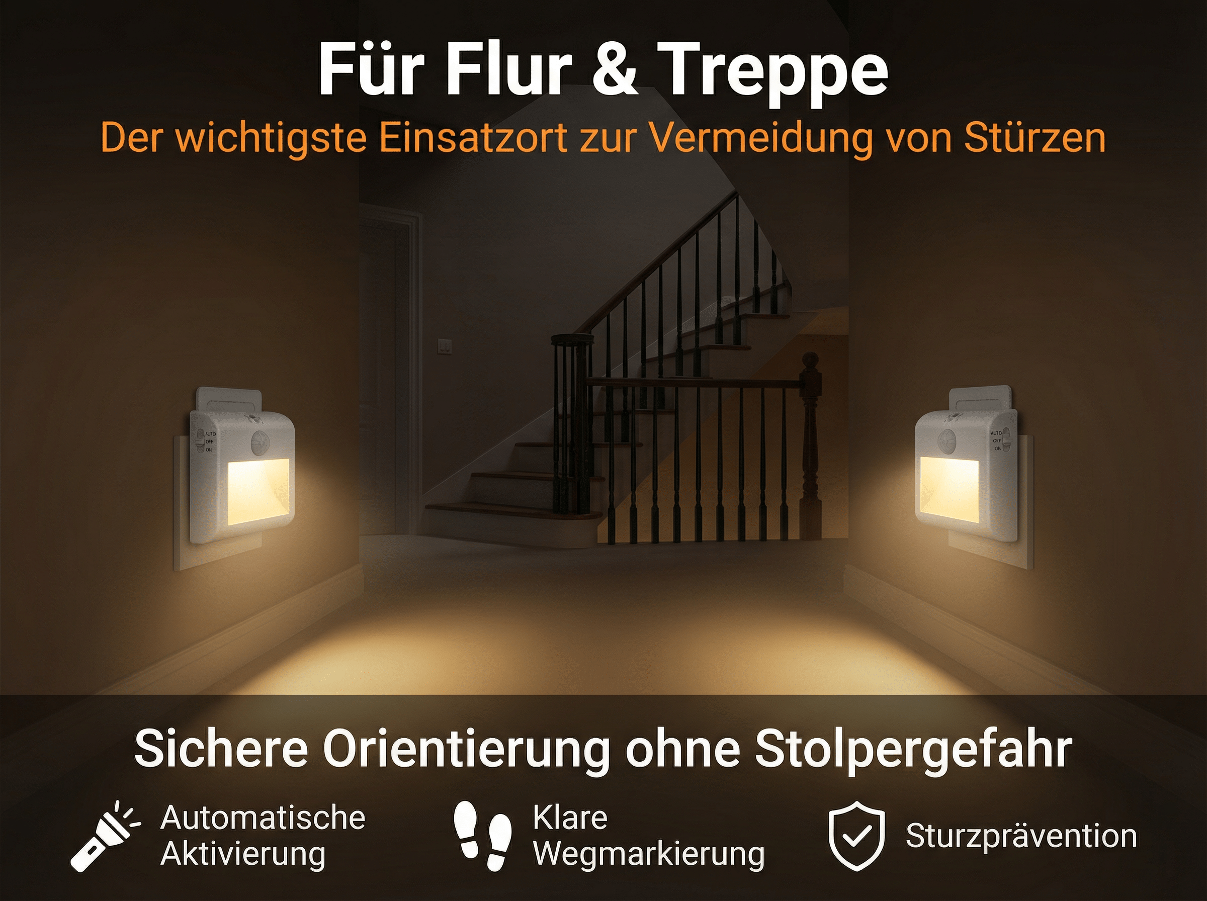 Zwei Wandleuchten beleuchten einen Flur mit Treppe. Text: Sichere Orientierung.