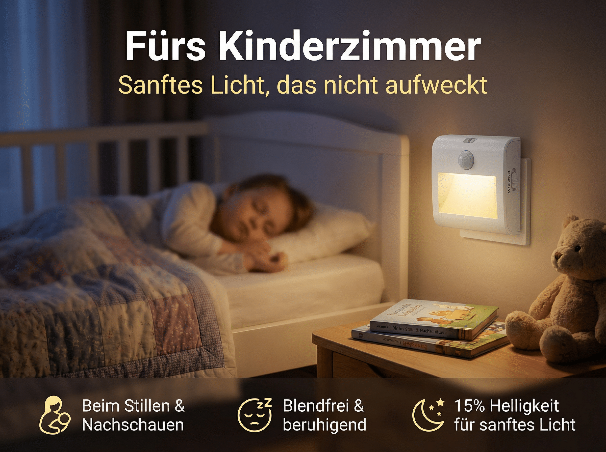 Ein Kind schläft in einem Bett, ein Nachtlicht leuchtet sanft.