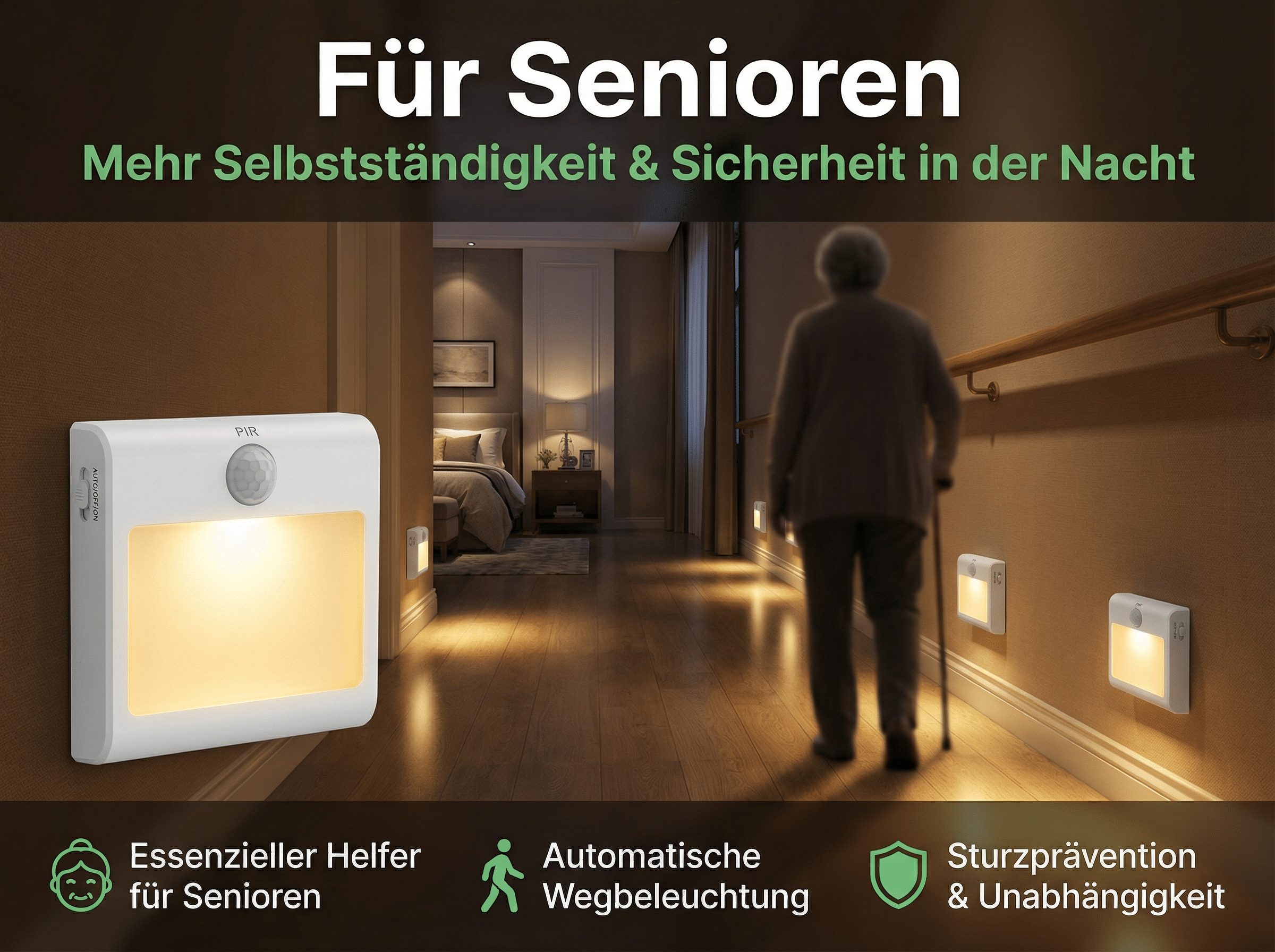 Senioren im Flur mit Nachtlichtern und Handlauf für Sicherheit.