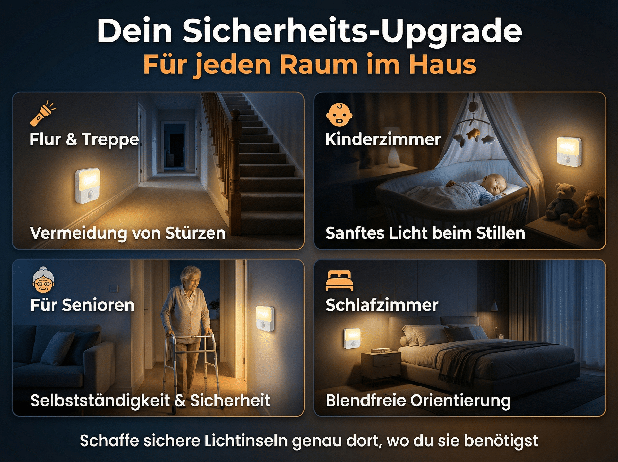 Sicherheits-Upgrade für jeden Raum: Flur, Kinderzimmer, Senioren, Schlafzimmer.