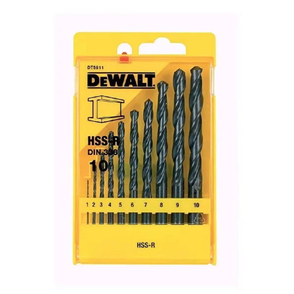 Sarı DeWalt kutusunda siyah metal matkap uçları seti, 1-10 arası boyutlarda.