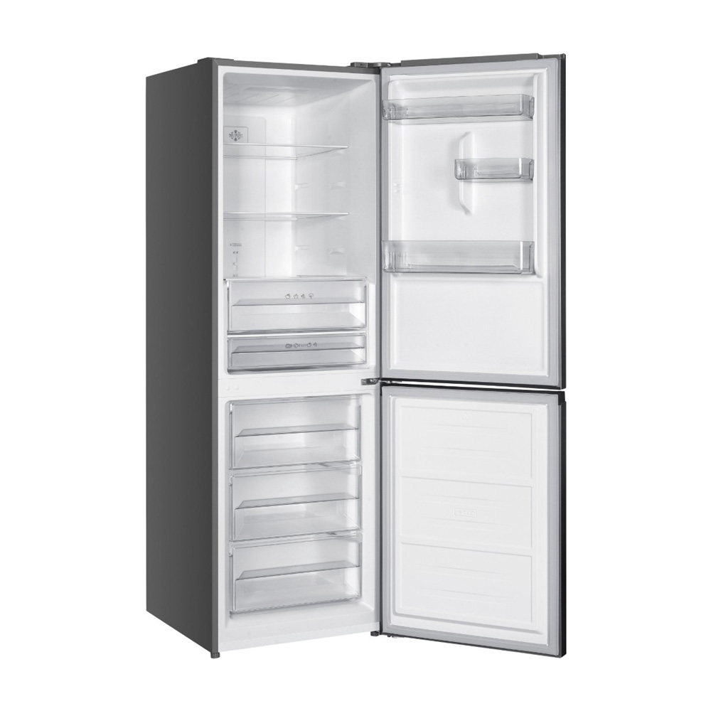 An open grey refrigerator with multiple shelves and drawers.