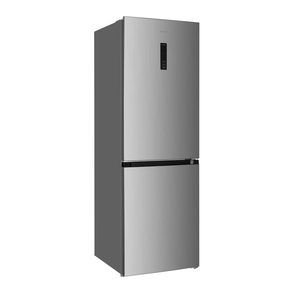 A silver two-door refrigerator with a black handle.