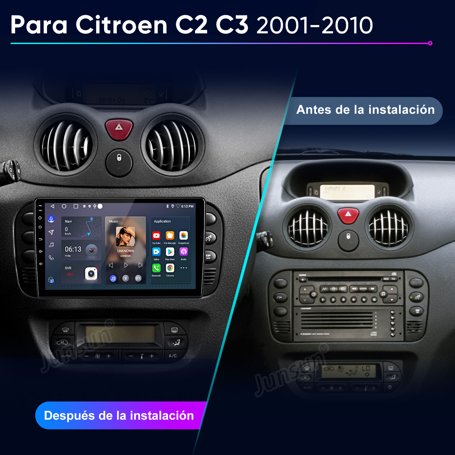Comparación antes/después de una radio de coche Citroen C2/C3. Izquierda: Pantalla nueva. Derecha: Radio vieja.