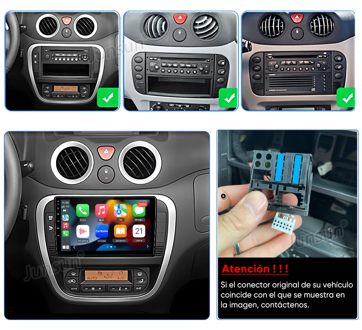 Tres vistas de un autorradio con pantalla táctil y controles climáticos.