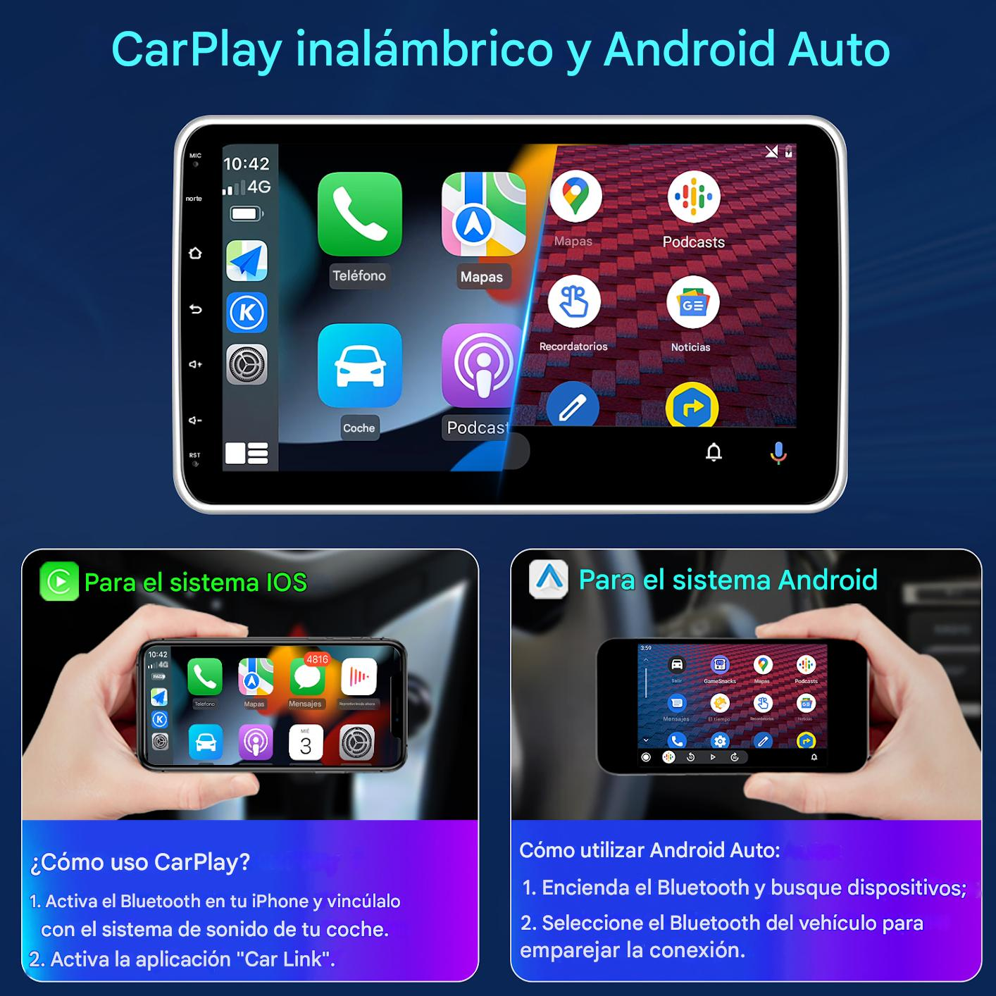 Pantalla con apps CarPlay/Android Auto, iPhone con CarPlay, teléfono Android con Android Auto.