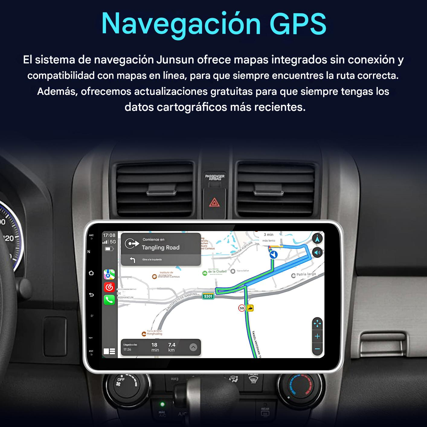 Sistema de navegación para coche mostrando mapa con ruta.