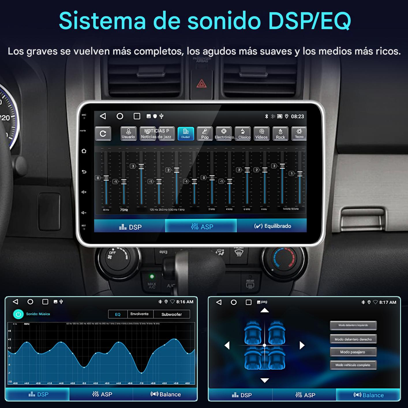 Sistema de infoentretenimiento del coche mostrando ajustes DSP/EQ y selección de altavoces.