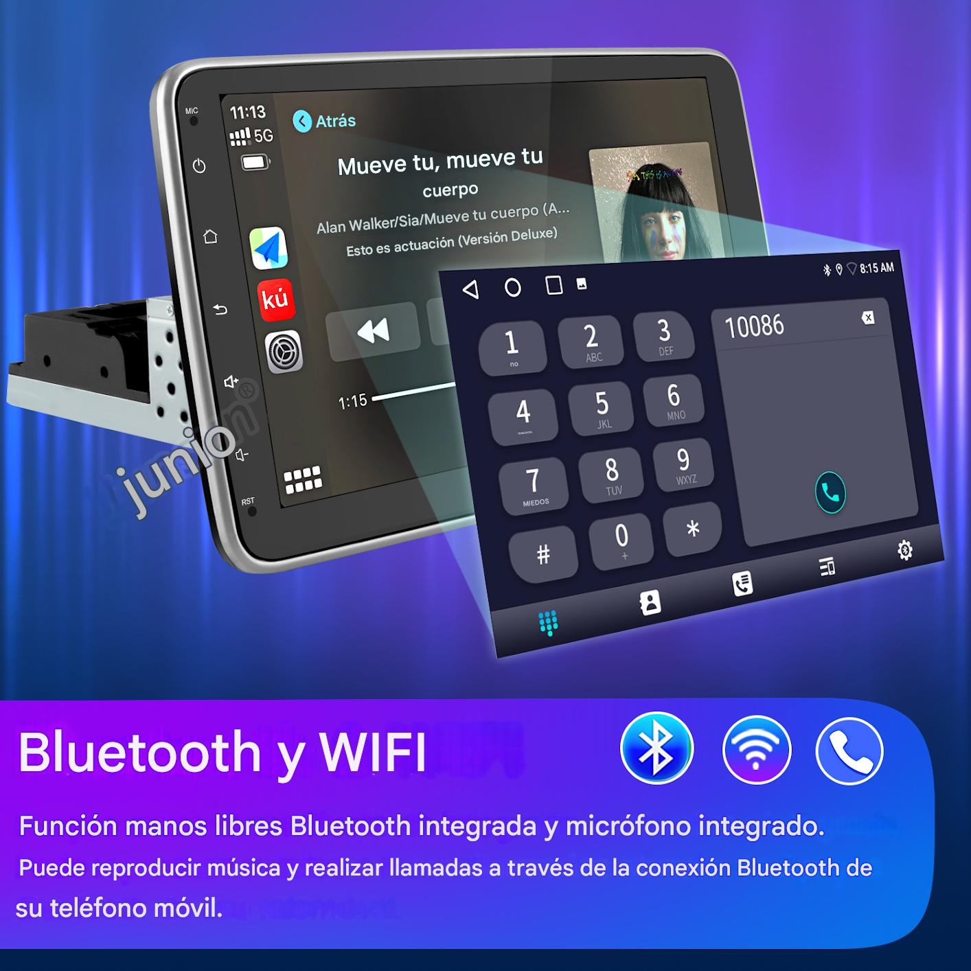 Pantalla de infoentretenimiento de coche con música, marcador e íconos.