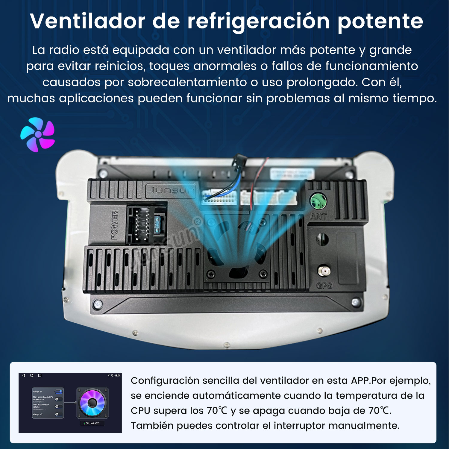 Reverso de radio de coche mostrando un ventilador expulsando aire. App visible.