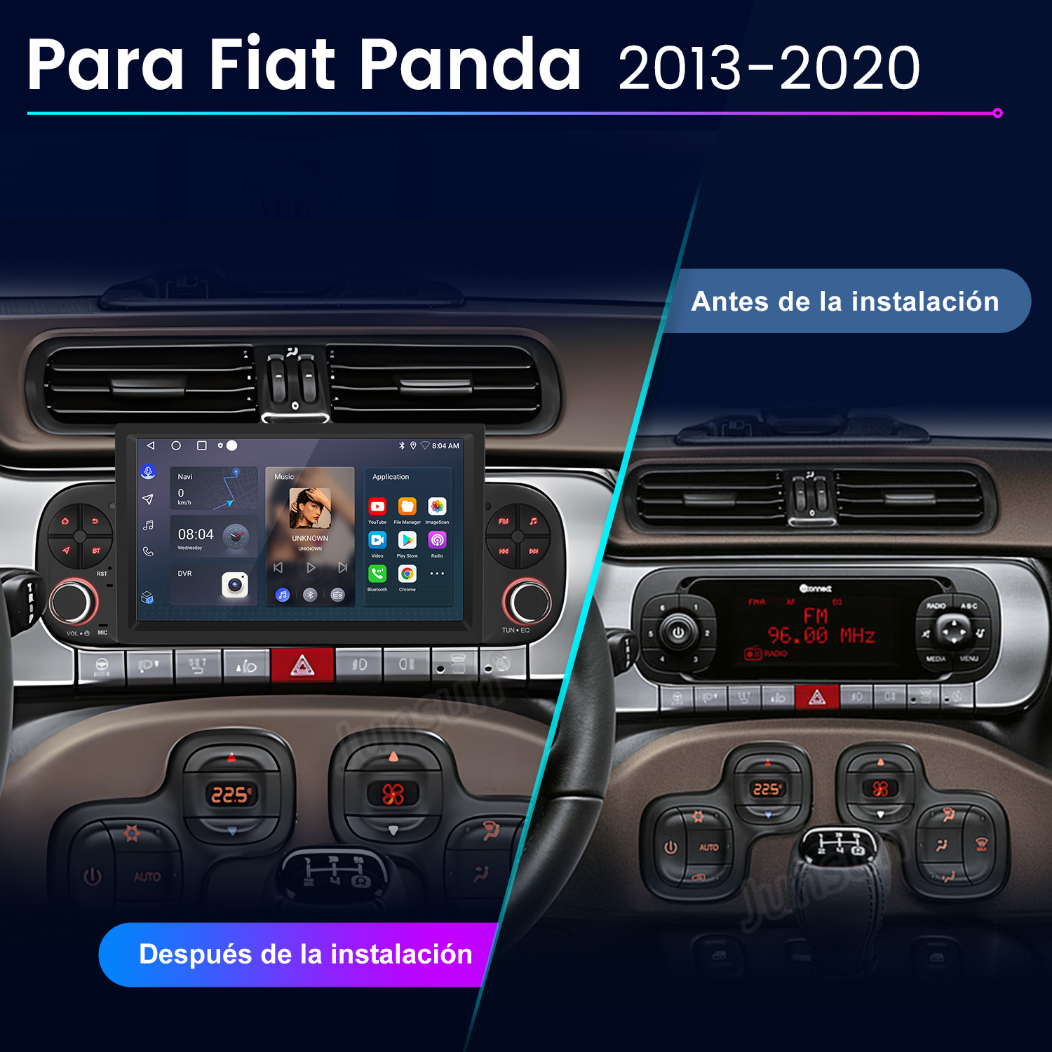 Confronto prima/dopo di una radio per auto Fiat Panda con touchscreen.